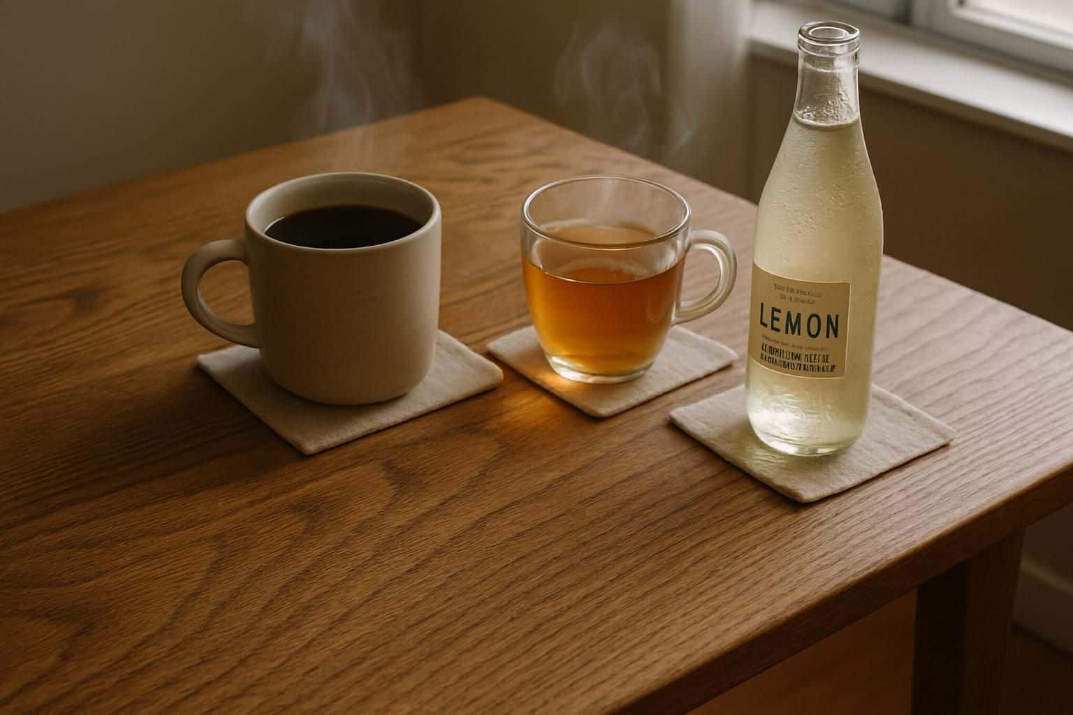 Three beverages on a table, each resting on a coaster, in soft natural light. Three beverages on a table, each resting on a coaster, in soft natural light.