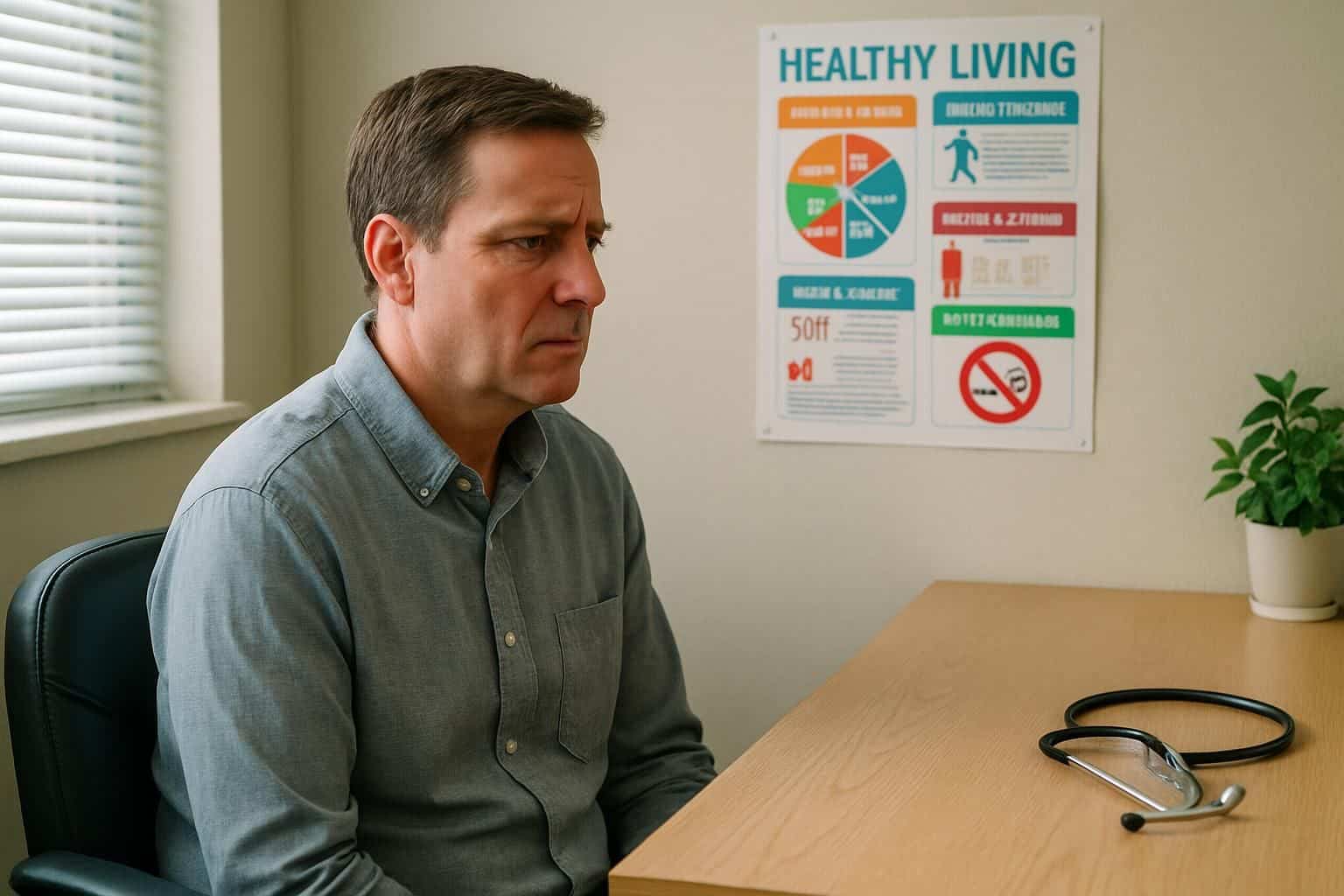 A middle-aged man with a tense expression sits in a doctor's office. A middle-aged man with a tense expression sits in a doctor's office.