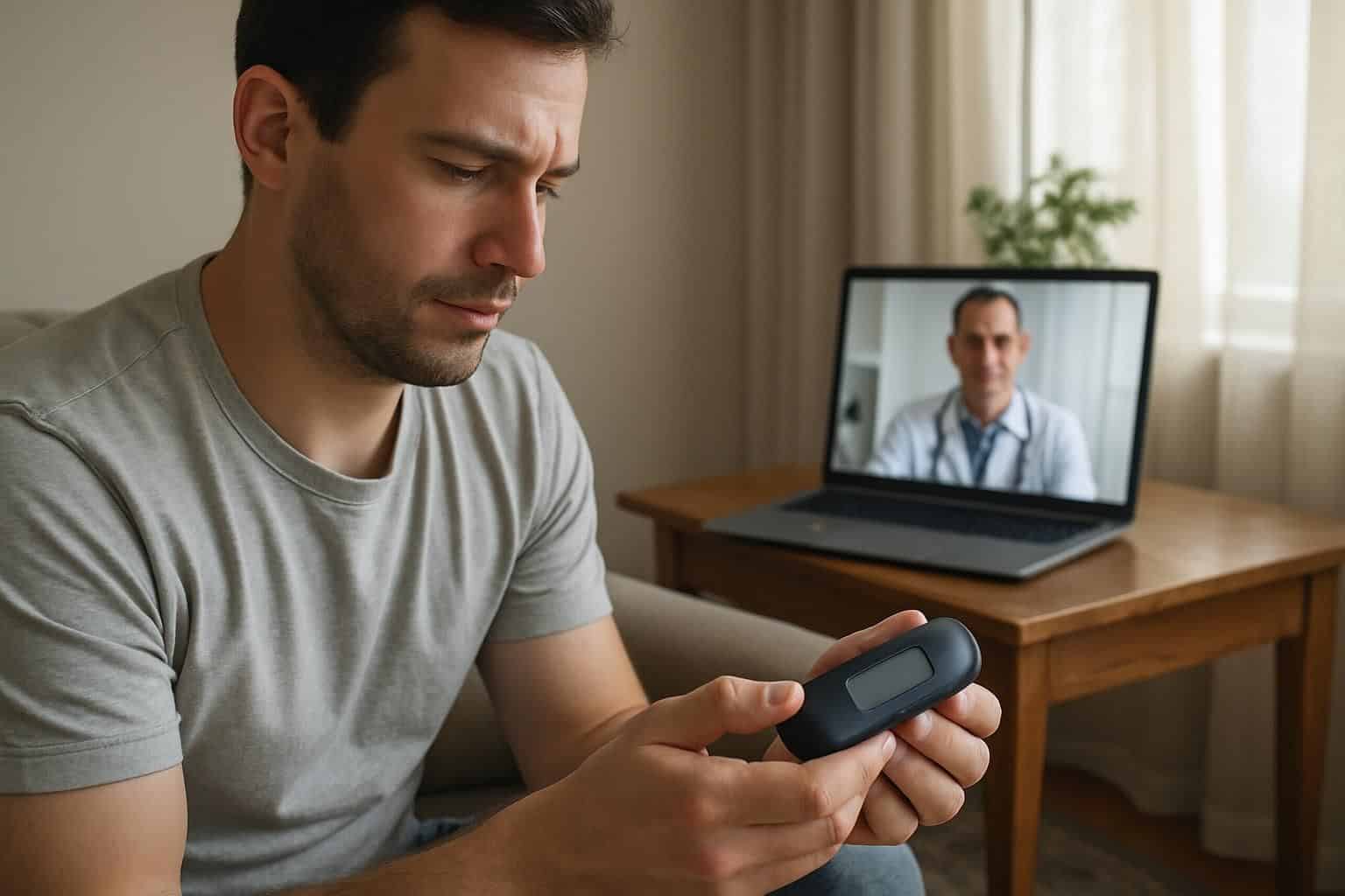 A man uses a digital health monitoring device during a telemedicine appointment in a well-lit room. A man uses a digital health monitoring device during a telemedicine appointment in a well-lit room.