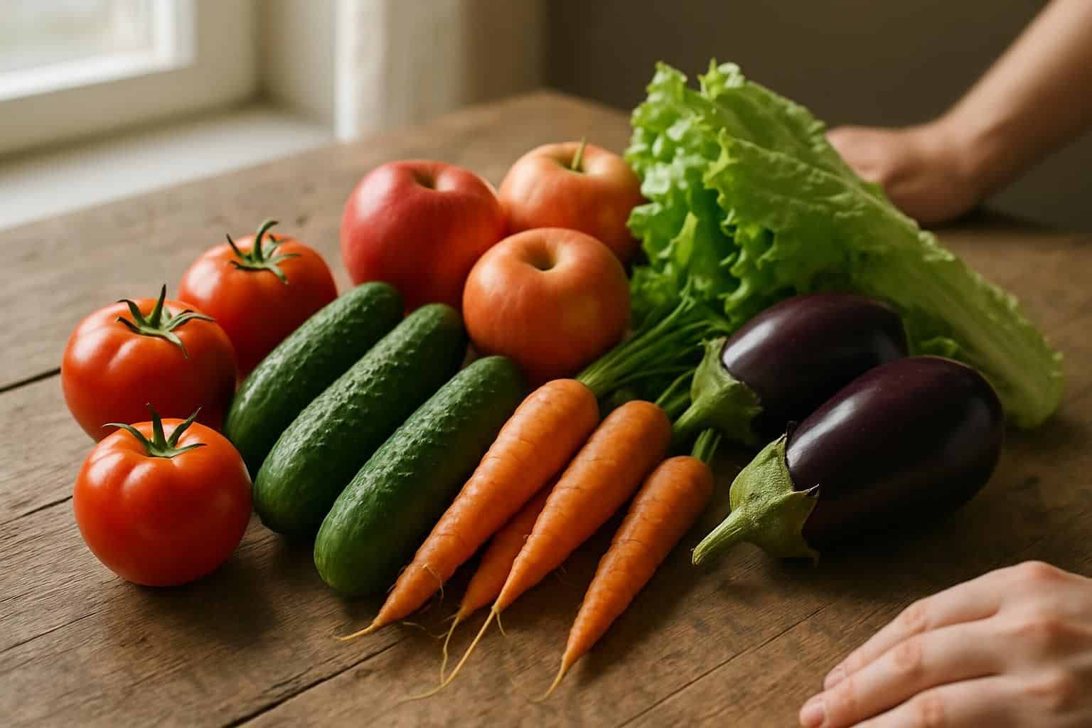 A variety of fresh fruits and vegetables arranged on a rustic table in soft natural light. A variety of fresh fruits and vegetables arranged on a rustic table in soft natural light.