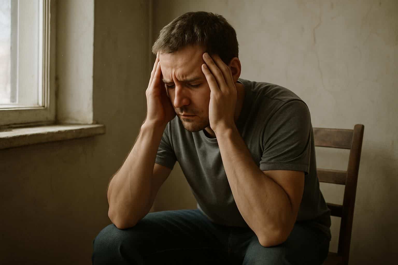 A man in his 30s sits on a worn chair, looking stressed and overwhelmed in a simple room. A man in his 30s sits on a worn chair, looking stressed and overwhelmed in a simple room.