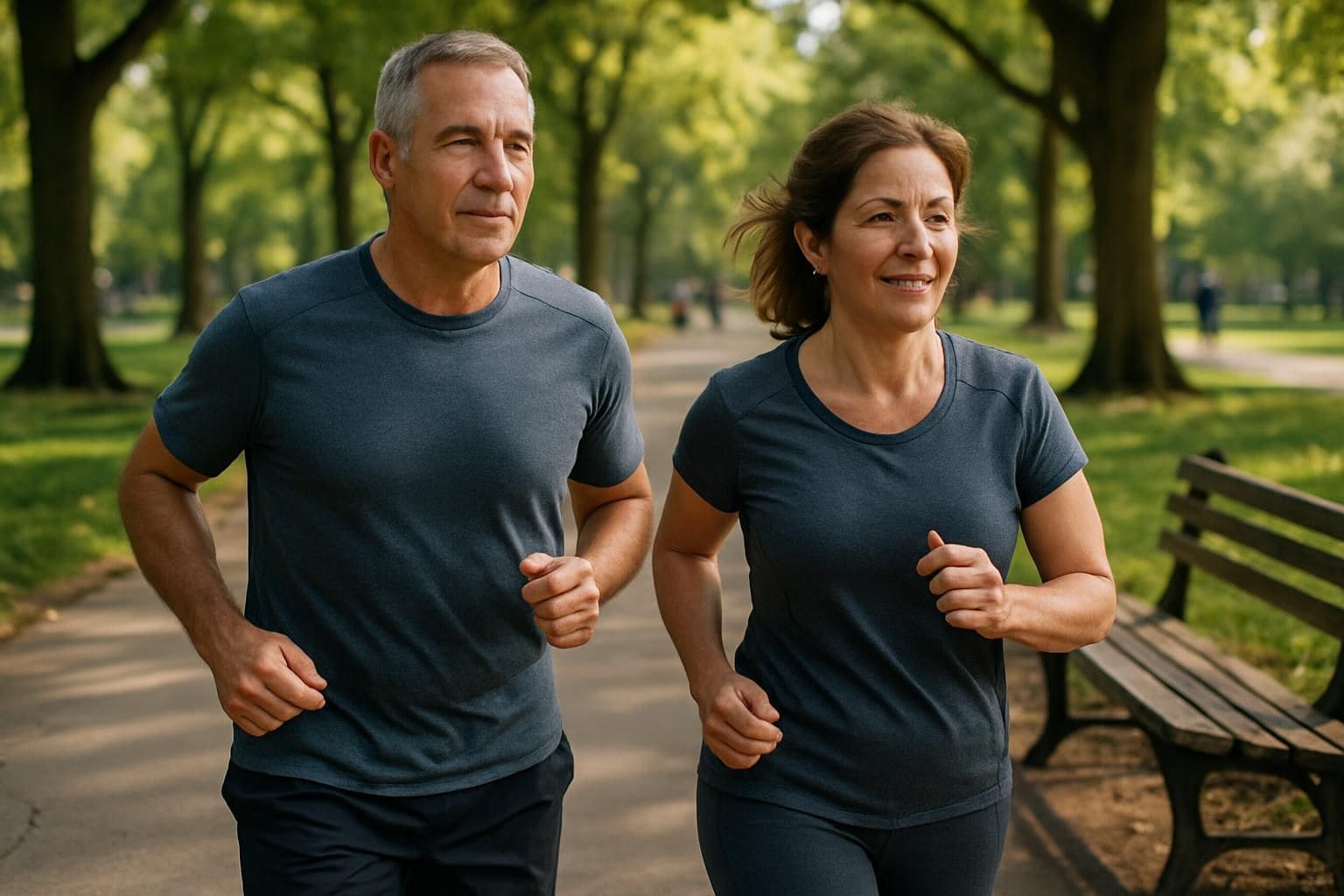 A middle-aged couple jogging in a busy city park on a sunny morning. A middle-aged couple jogging in a busy city park on a sunny morning.