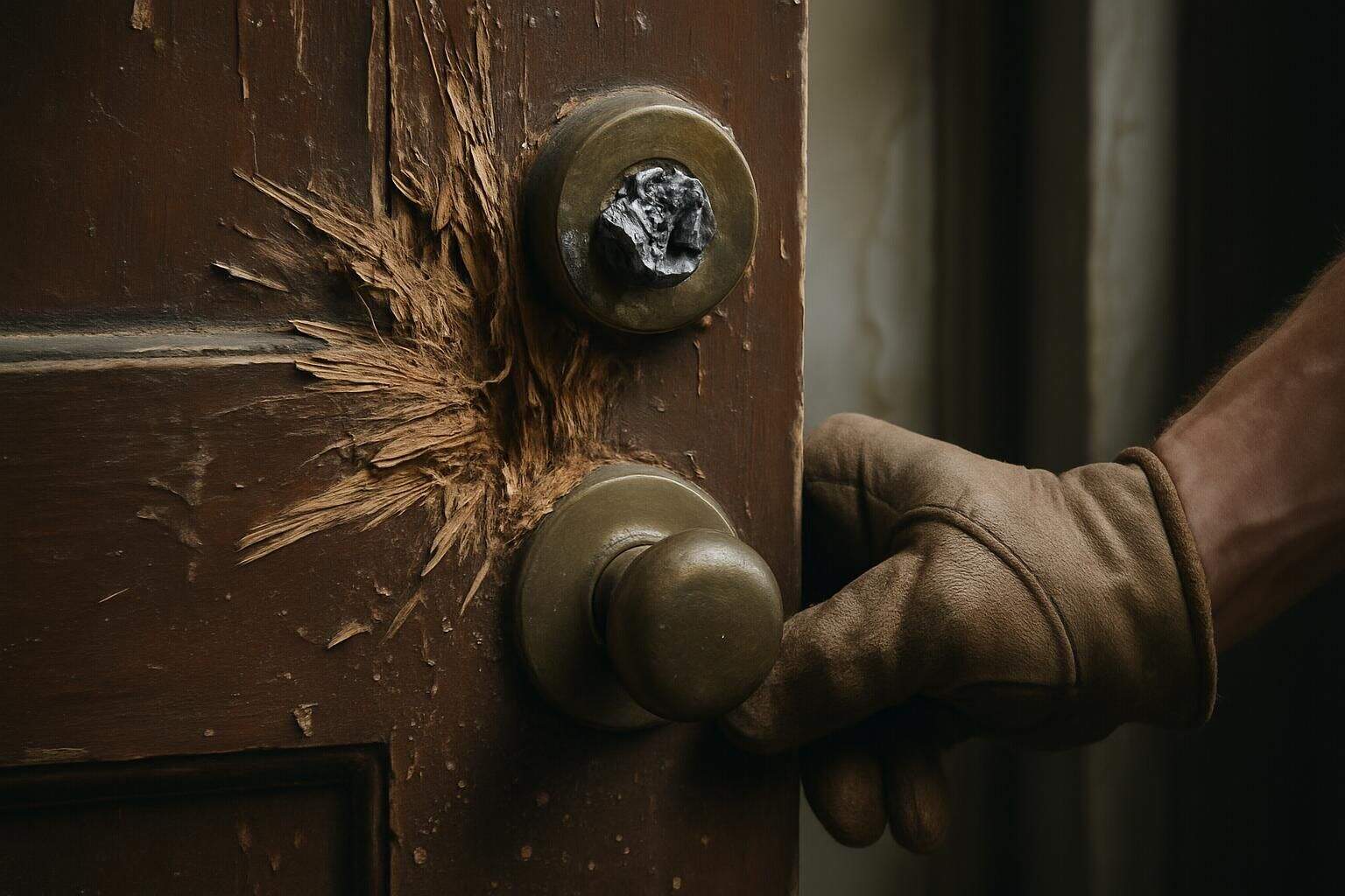 A weathered wooden door with a shattered deadbolt lock and a slightly ajar entrance. A weathered wooden door with a shattered deadbolt lock and a slightly ajar entrance.