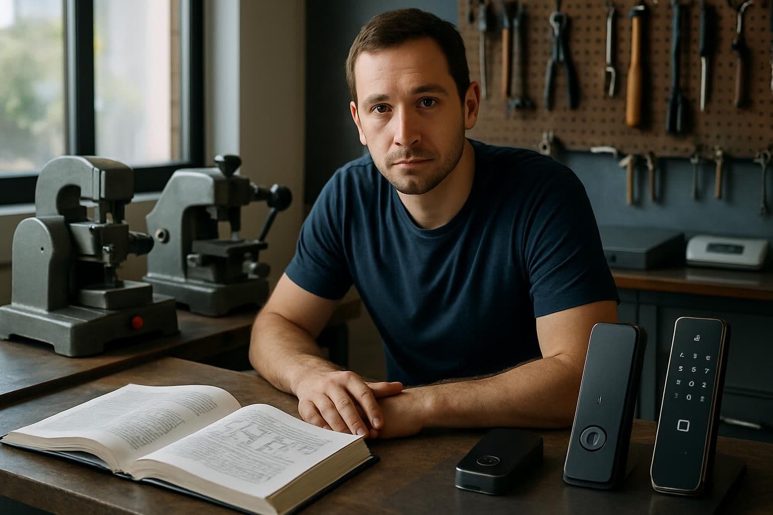 A locksmith workshop in 2025 with traditional key-cutting machines and modern smart locks. A locksmith workshop in 2025 with traditional key-cutting machines and modern smart locks.