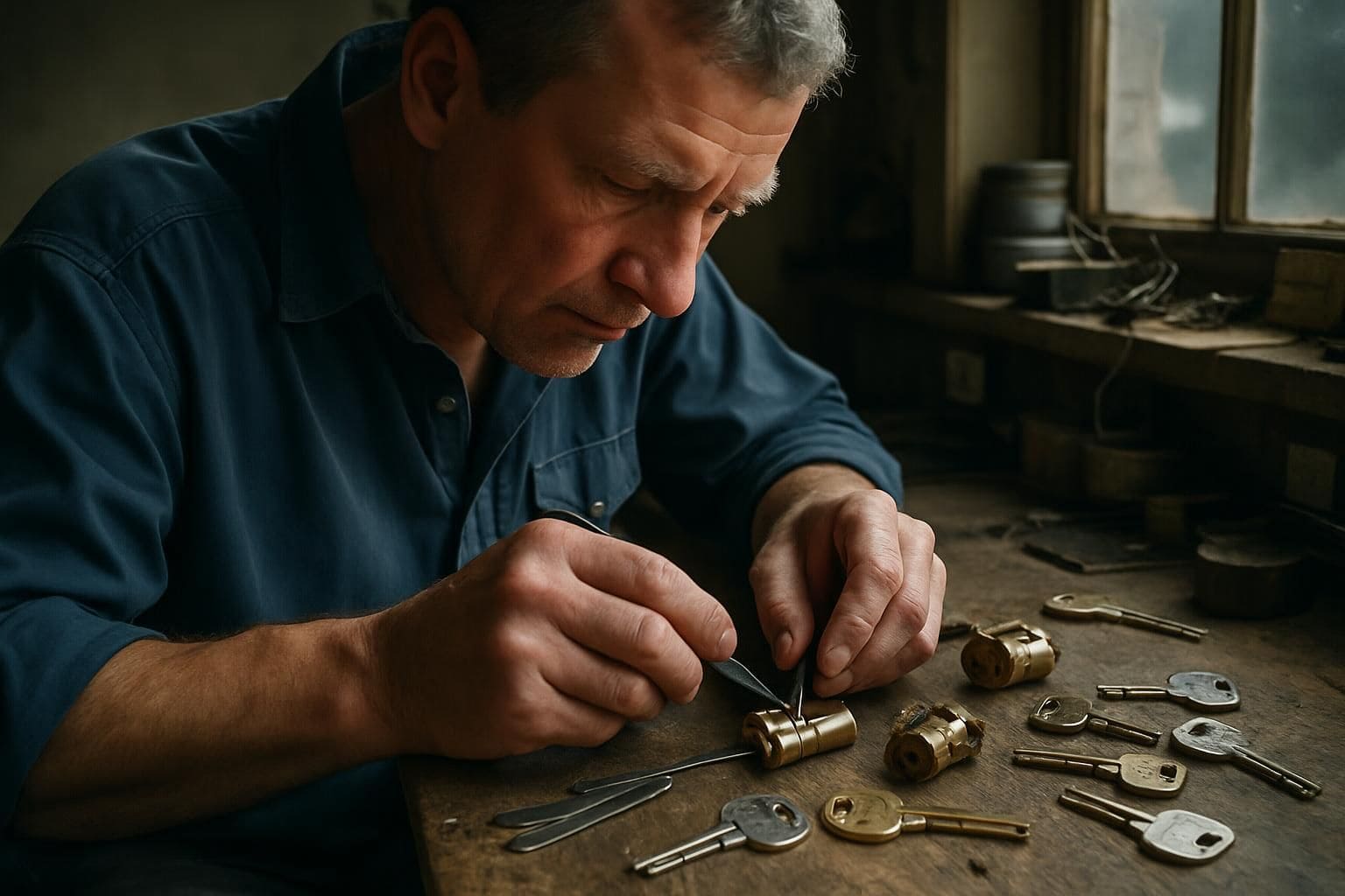 A locksmith works in a cluttered workshop, concentrating on picking locks and repairing keys. A locksmith works in a cluttered workshop, concentrating on picking locks and repairing keys.