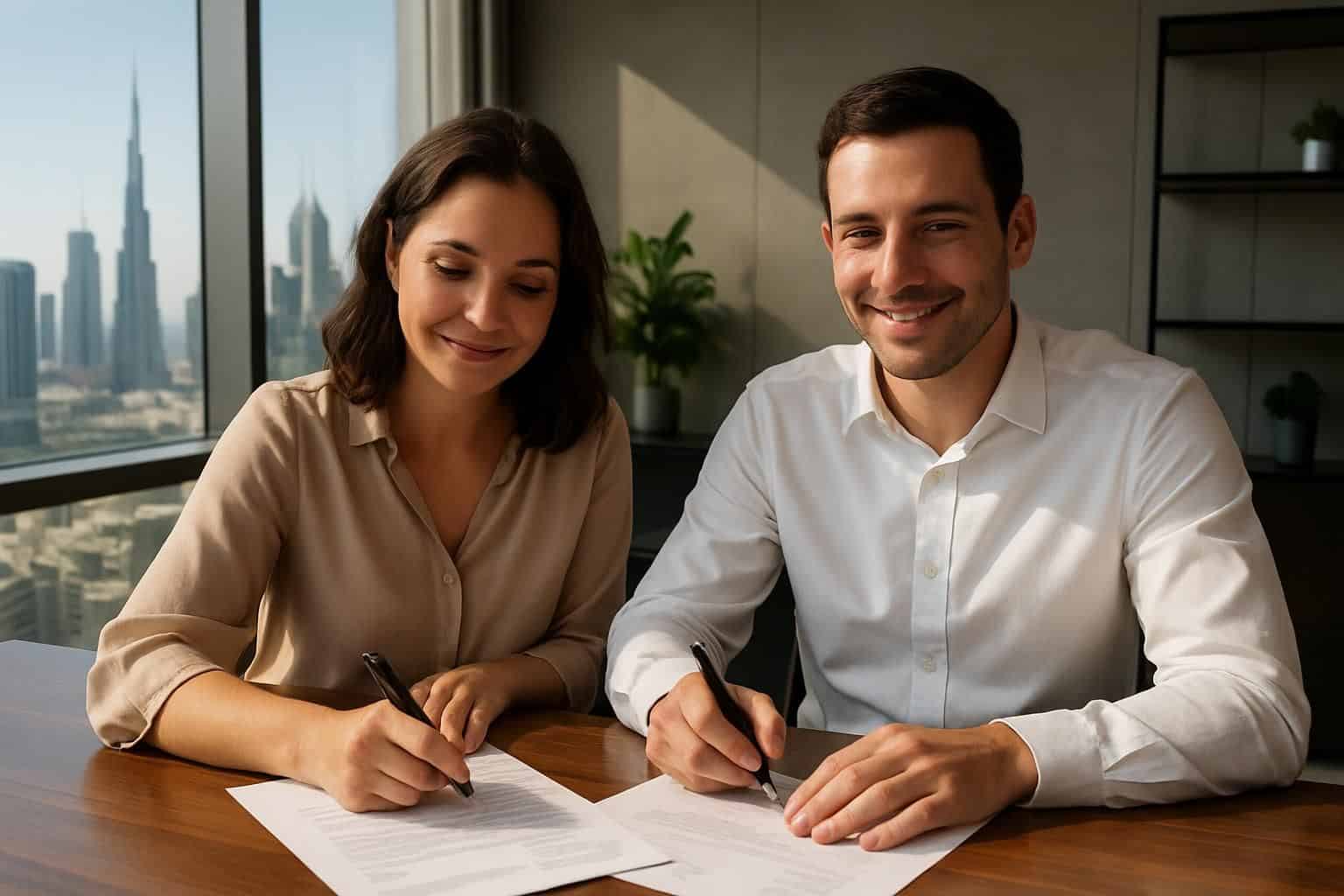 A man and a woman in their 30s are signing real estate documents in a modern Dubai office. A man and a woman in their 30s are signing real estate documents in a modern Dubai office.