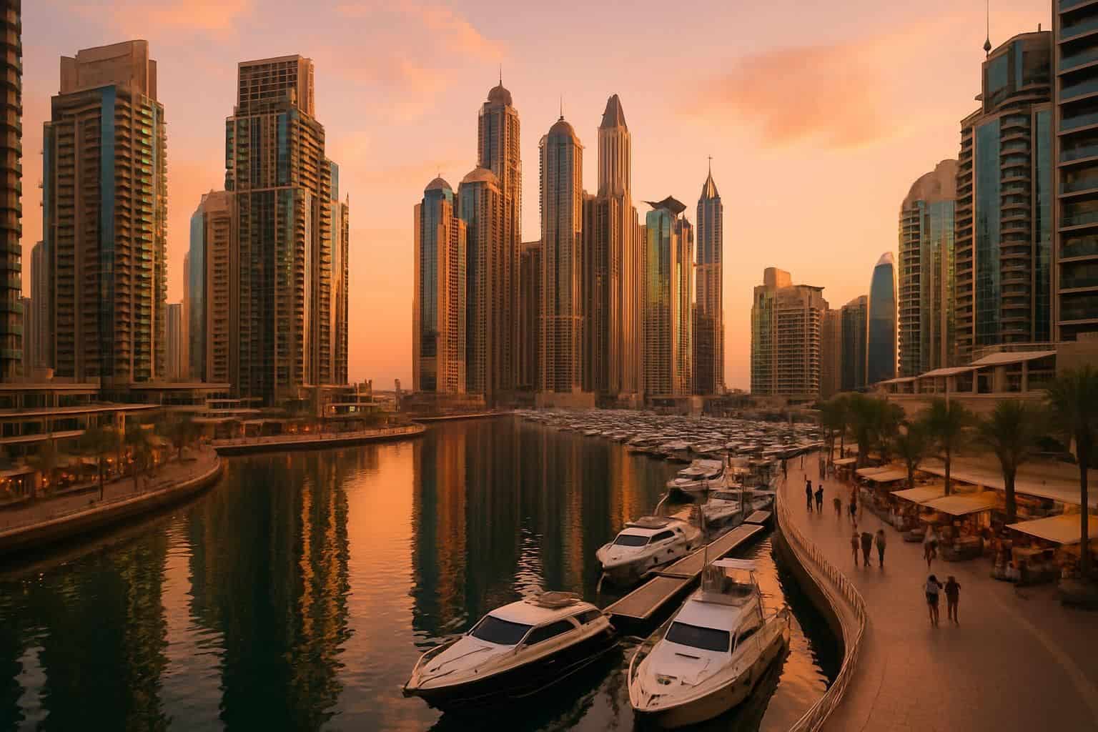 A high-resolution aerial photograph of Dubai Marina at golden hour, capturing the skyline, water, and waterfront activities. A high-resolution aerial photograph of Dubai Marina at golden hour, capturing the skyline, water, and waterfront activities.