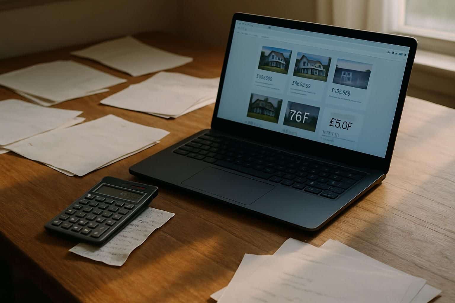 A cluttered desk with scattered papers, an open laptop, and a calculator displaying unexpected fees. A cluttered desk with scattered papers, an open laptop, and a calculator displaying unexpected fees.