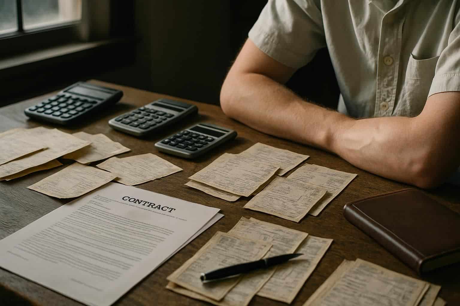 A cluttered office desk with paperwork, calculators, and a person working on property management. A cluttered office desk with paperwork, calculators, and a person working on property management.