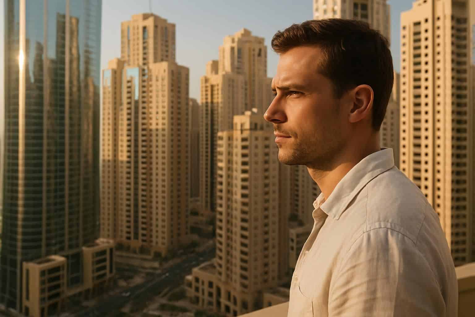 A man stands on a terrace in Dubai, overlooking a cluster of modern high-rise residential buildings. A man stands on a terrace in Dubai, overlooking a cluster of modern high-rise residential buildings.