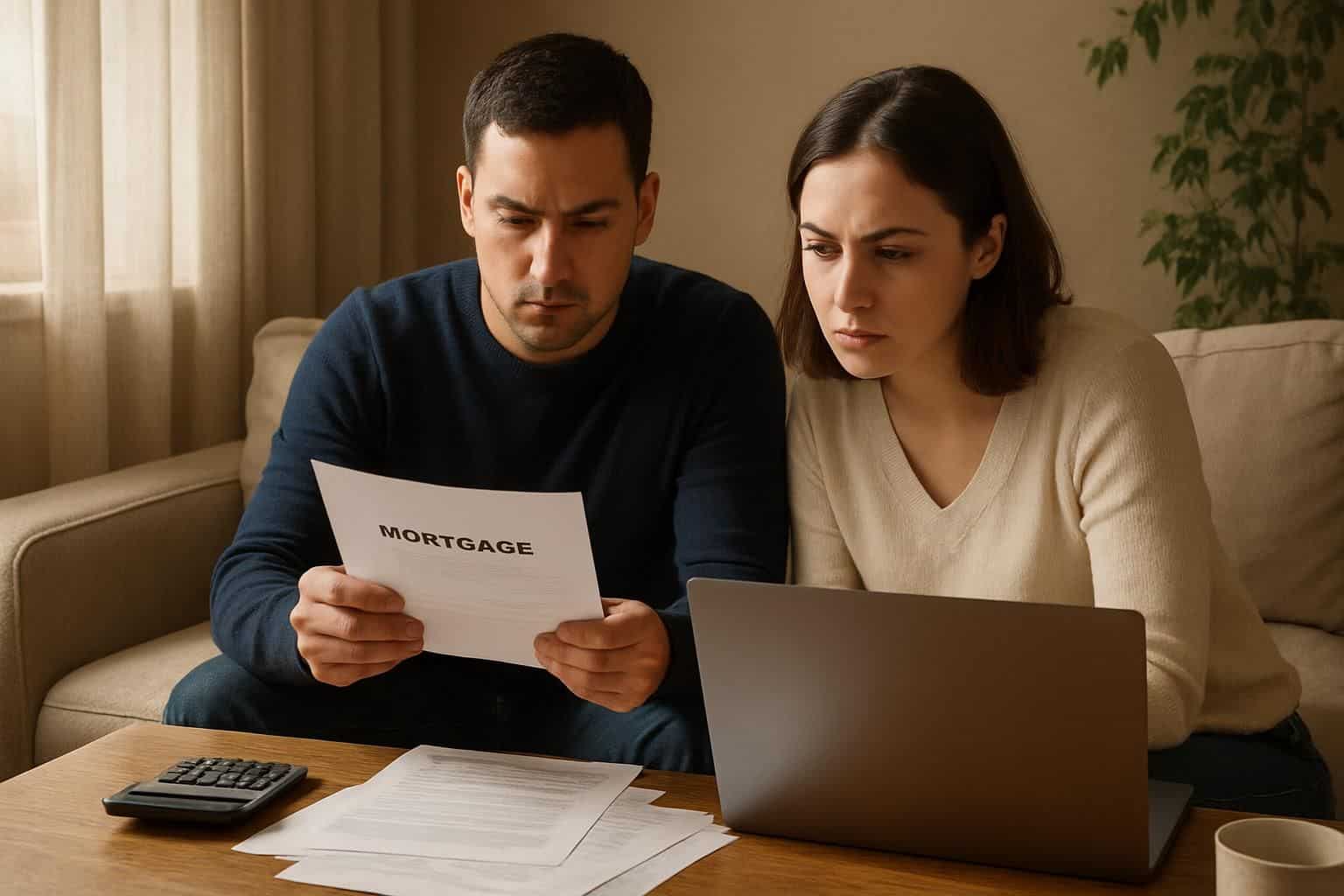 A couple collaborates on reviewing mortgage documents and financial planning in a warmly lit living room. A couple collaborates on reviewing mortgage documents and financial planning in a warmly lit living room.