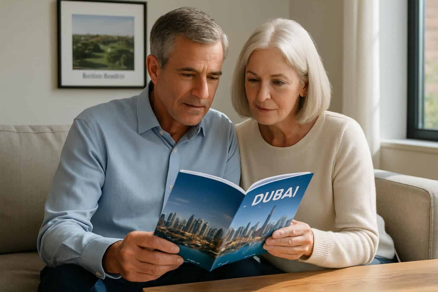 An older couple reviews a brochure of Dubai's skyline in a modern living room. An older couple reviews a brochure of Dubai's skyline in a modern living room.