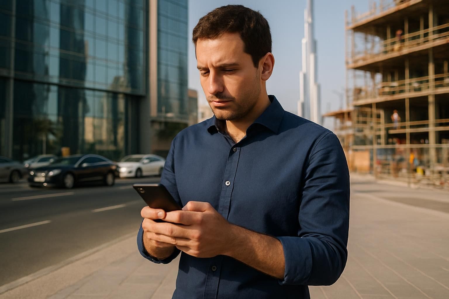 A man in his 30s stands outside a Dubai high-rise, focused on his smartphone in a bustling urban setting. A man in his 30s stands outside a Dubai high-rise, focused on his smartphone in a bustling urban setting.