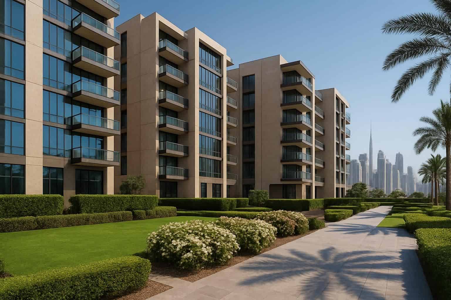 A cluster of modern residential buildings in Dubai, with sleek glass facades, surrounded by well-maintained gardens and a city skyline in the background. A cluster of modern residential buildings in Dubai, with sleek glass facades, surrounded by well-maintained gardens and a city skyline in the background.