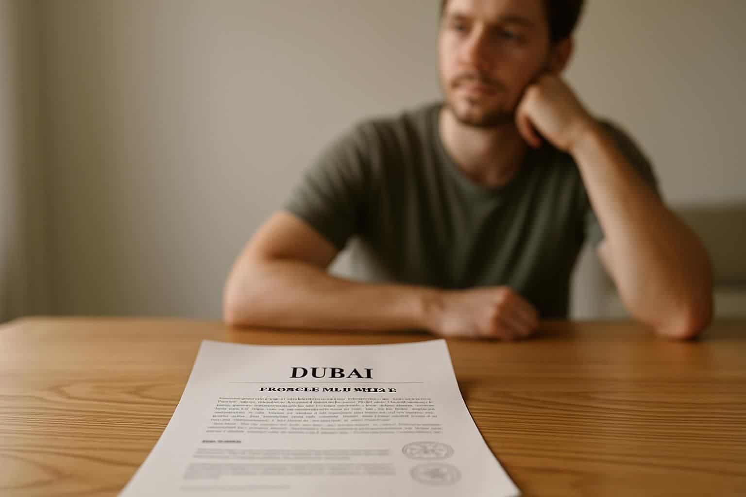 A close-up photograph of a legal document related to property ownership in Dubai, placed on a wooden table. A close-up photograph of a legal document related to property ownership in Dubai, placed on a wooden table.