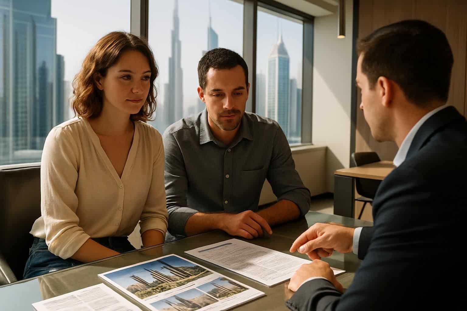 A couple consults with a real estate agent in a modern Dubai office. A couple consults with a real estate agent in a modern Dubai office.
