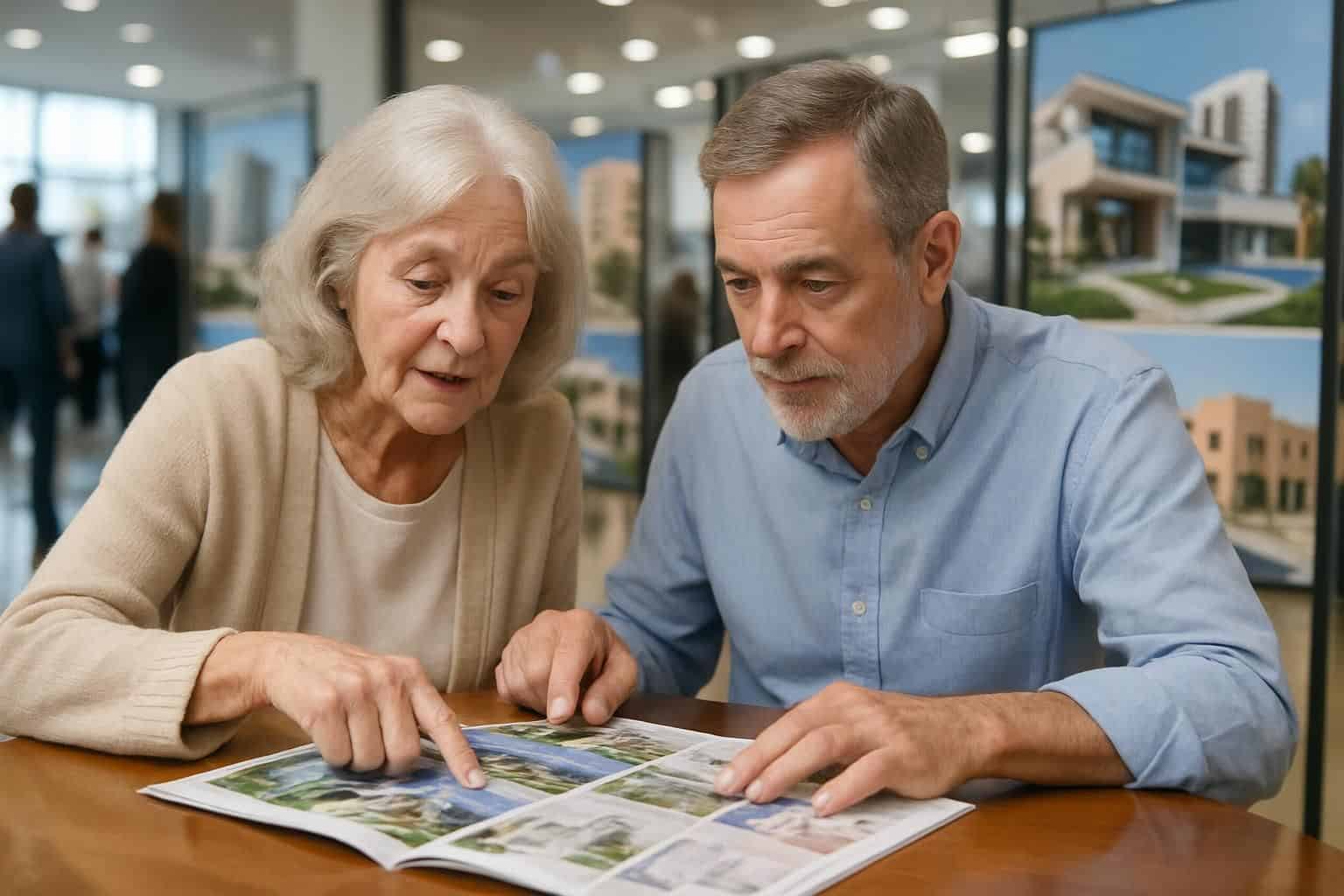 An elderly couple carefully examines real estate brochures in a vibrant, well-lit exhibition space. An elderly couple carefully examines real estate brochures in a vibrant, well-lit exhibition space.