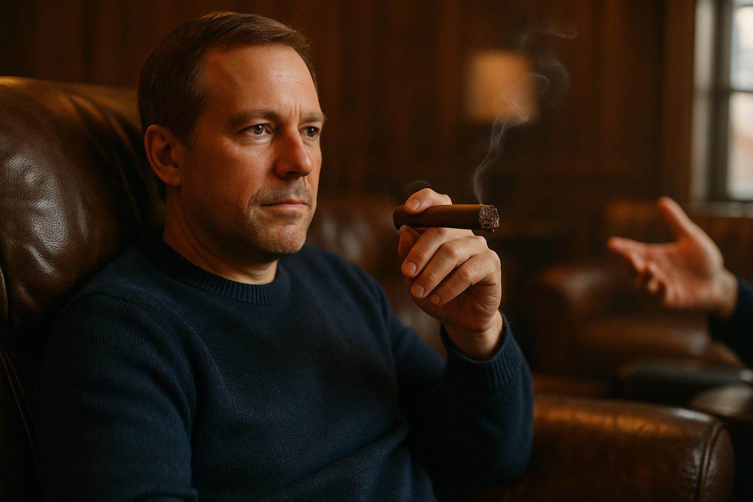 A man enjoys a cigar in a cozy lounge, engaged in conversation amidst a warm, inviting atmosphere. A man enjoys a cigar in a cozy lounge, engaged in conversation amidst a warm, inviting atmosphere.