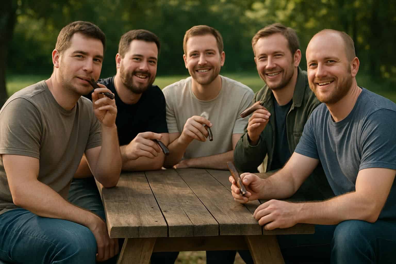 Five men in their late 20s to early 40s casually seated around a picnic table, enjoying cigars and camaraderie. Five men in their late 20s to early 40s casually seated around a picnic table, enjoying cigars and camaraderie.