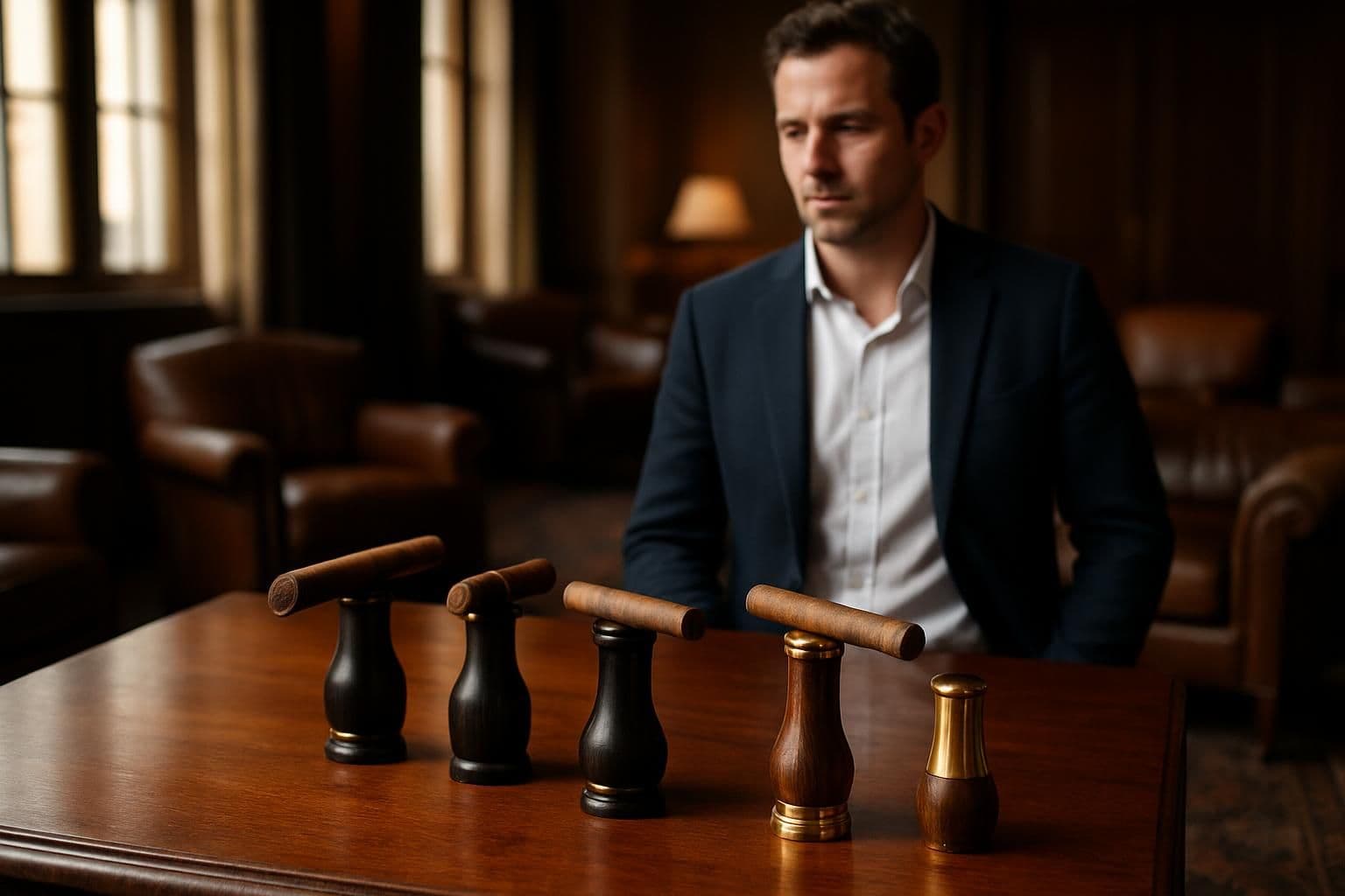 A man stands in an upscale lounge with a polished wooden table showcasing cigar holders. A man stands in an upscale lounge with a polished wooden table showcasing cigar holders.