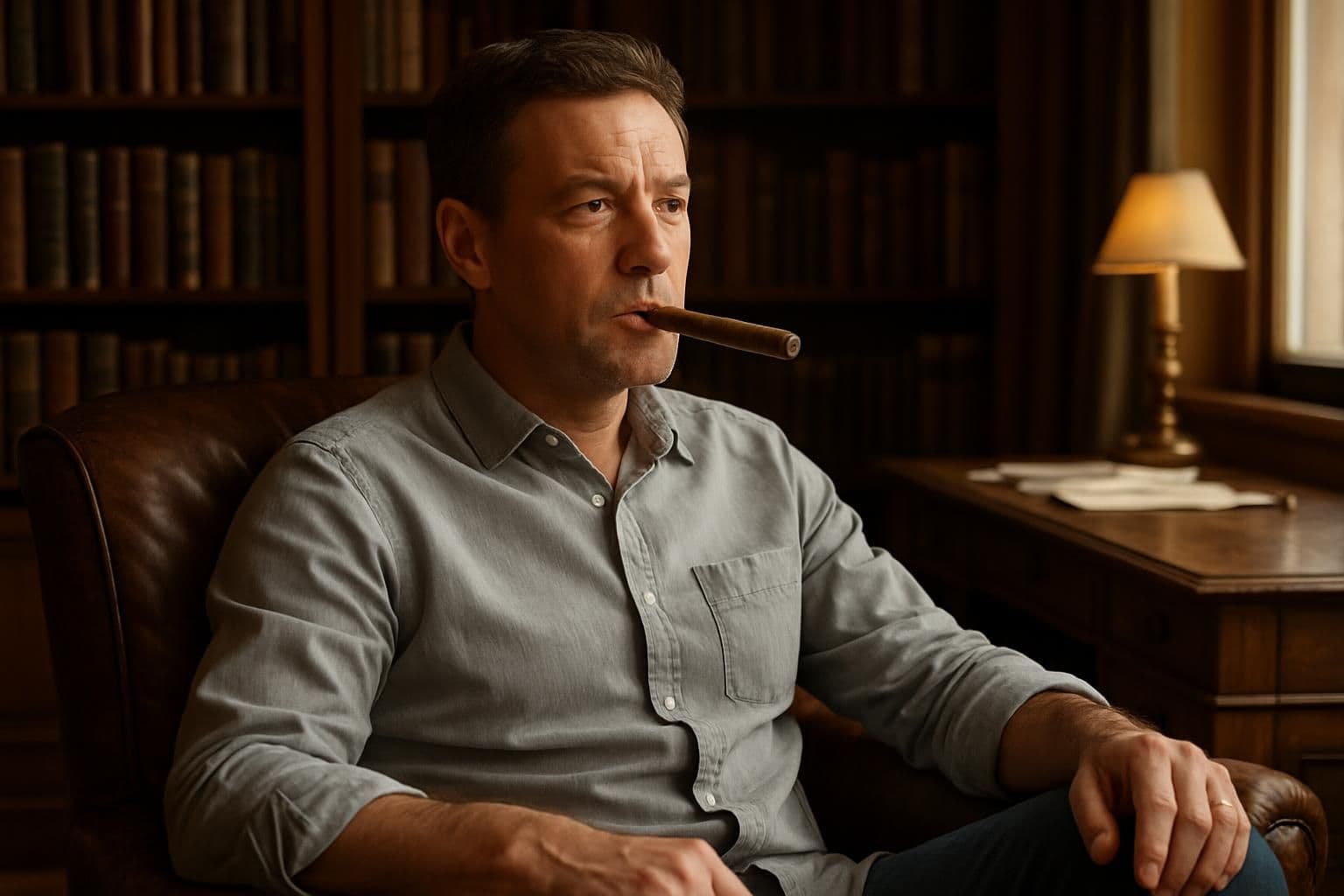 A middle-aged man sits in a leather armchair in a classic study, holding a hand-rolled cigar. A middle-aged man sits in a leather armchair in a classic study, holding a hand-rolled cigar.
