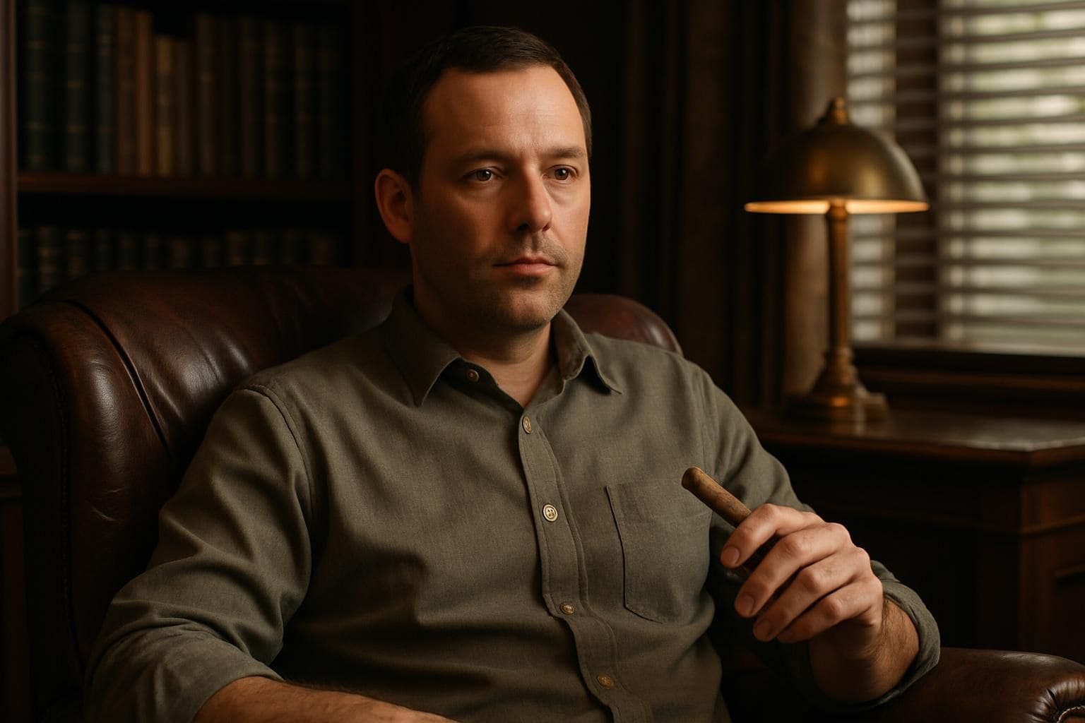 A man sits in a sophisticated study, holding a hand-rolled cigar with a neutral expression. A man sits in a sophisticated study, holding a hand-rolled cigar with a neutral expression.