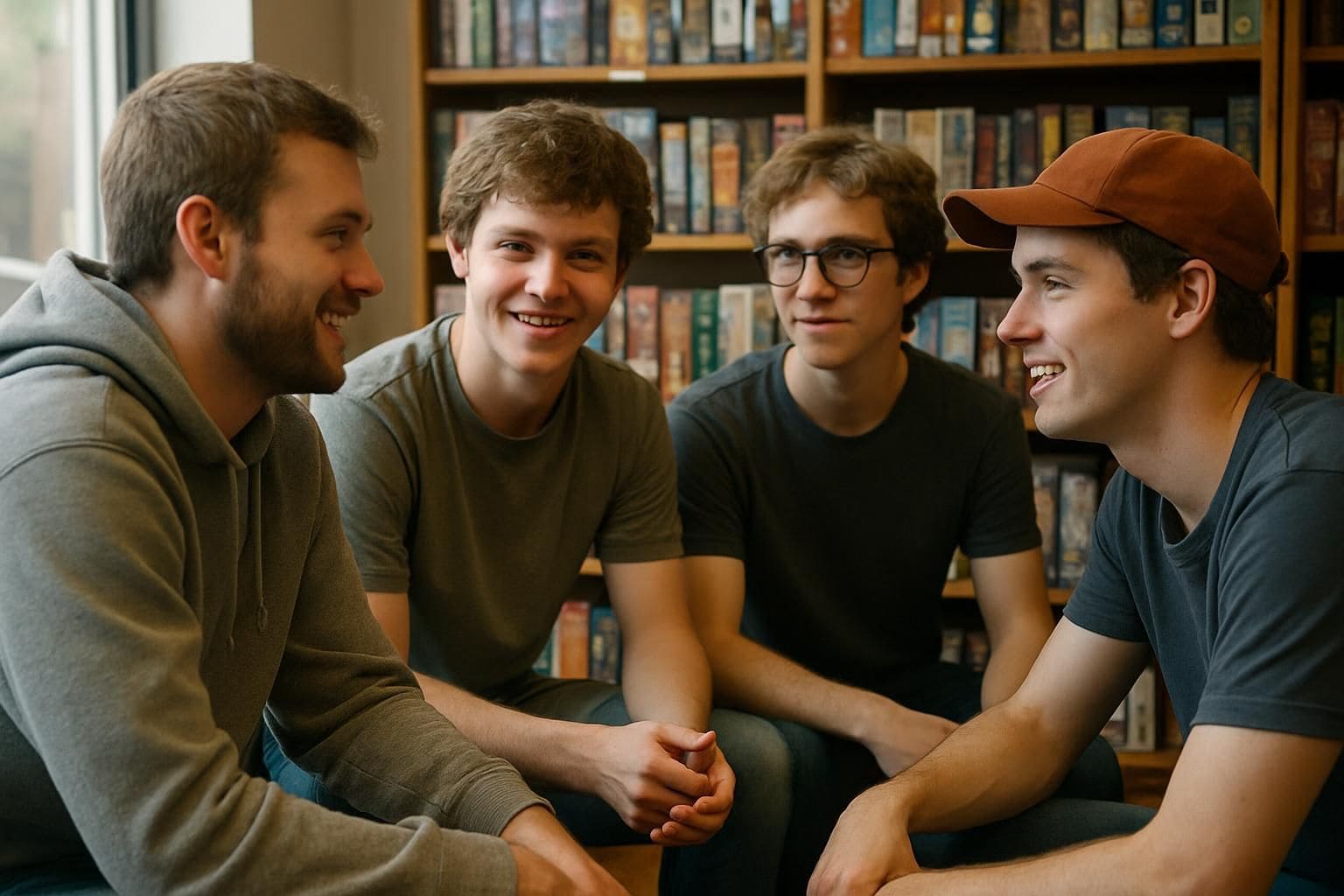 A group of young gamers gathered in a cozy game shop, enjoying casual conversation and camaraderie. A group of young gamers gathered in a cozy game shop, enjoying casual conversation and camaraderie.
