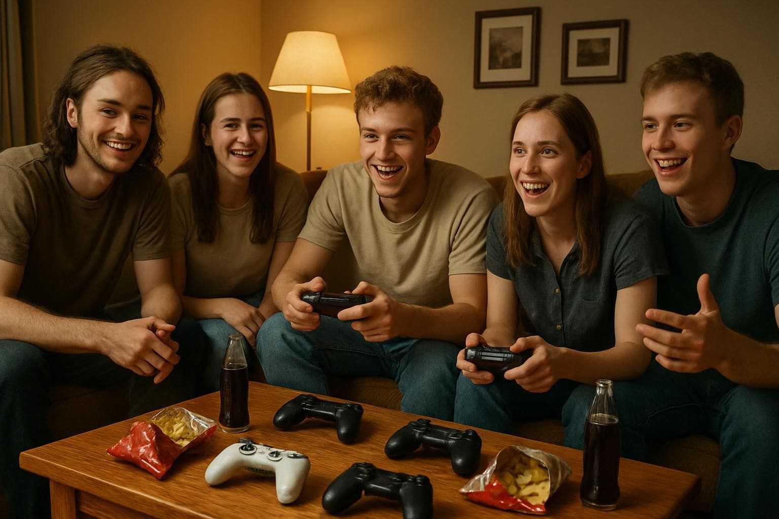 Six young adults gather around a coffee table with game controllers and snacks in a warmly lit living room. Six young adults gather around a coffee table with game controllers and snacks in a warmly lit living room.