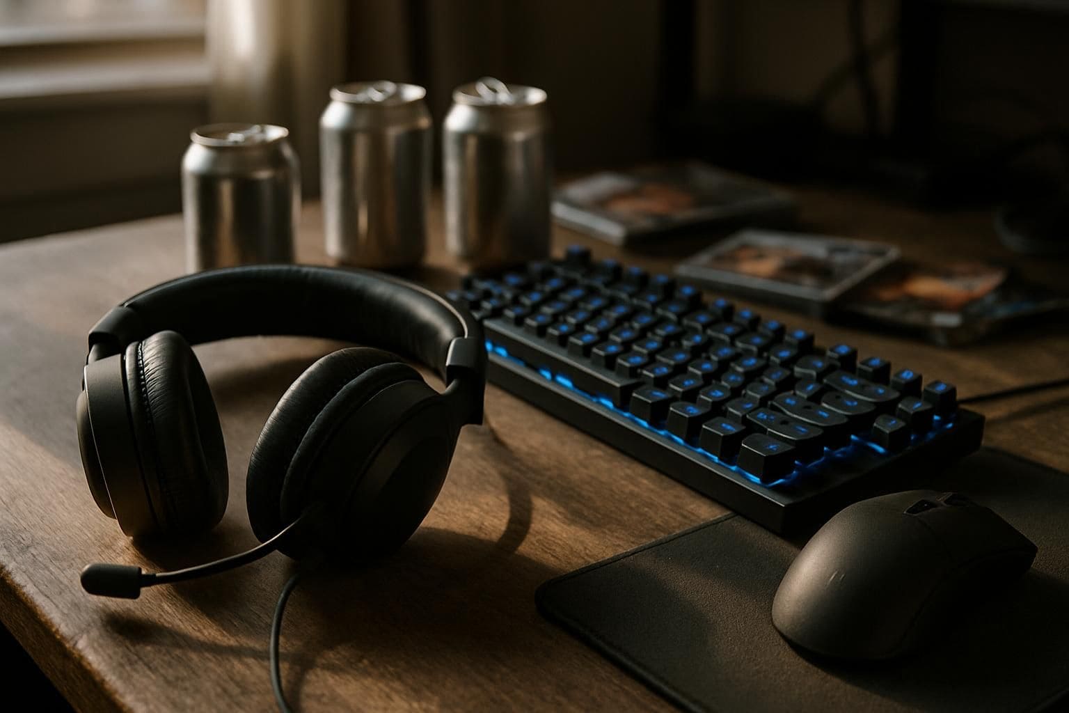 A well-used gaming setup with headset, keyboard, mouse, soda cans, and game cases on a wooden desk. A well-used gaming setup with headset, keyboard, mouse, soda cans, and game cases on a wooden desk.