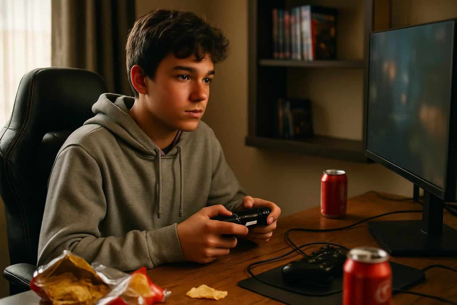 A teenage boy sits in a warmly lit gaming room, focused on playing video games. A teenage boy sits in a warmly lit gaming room, focused on playing video games.
