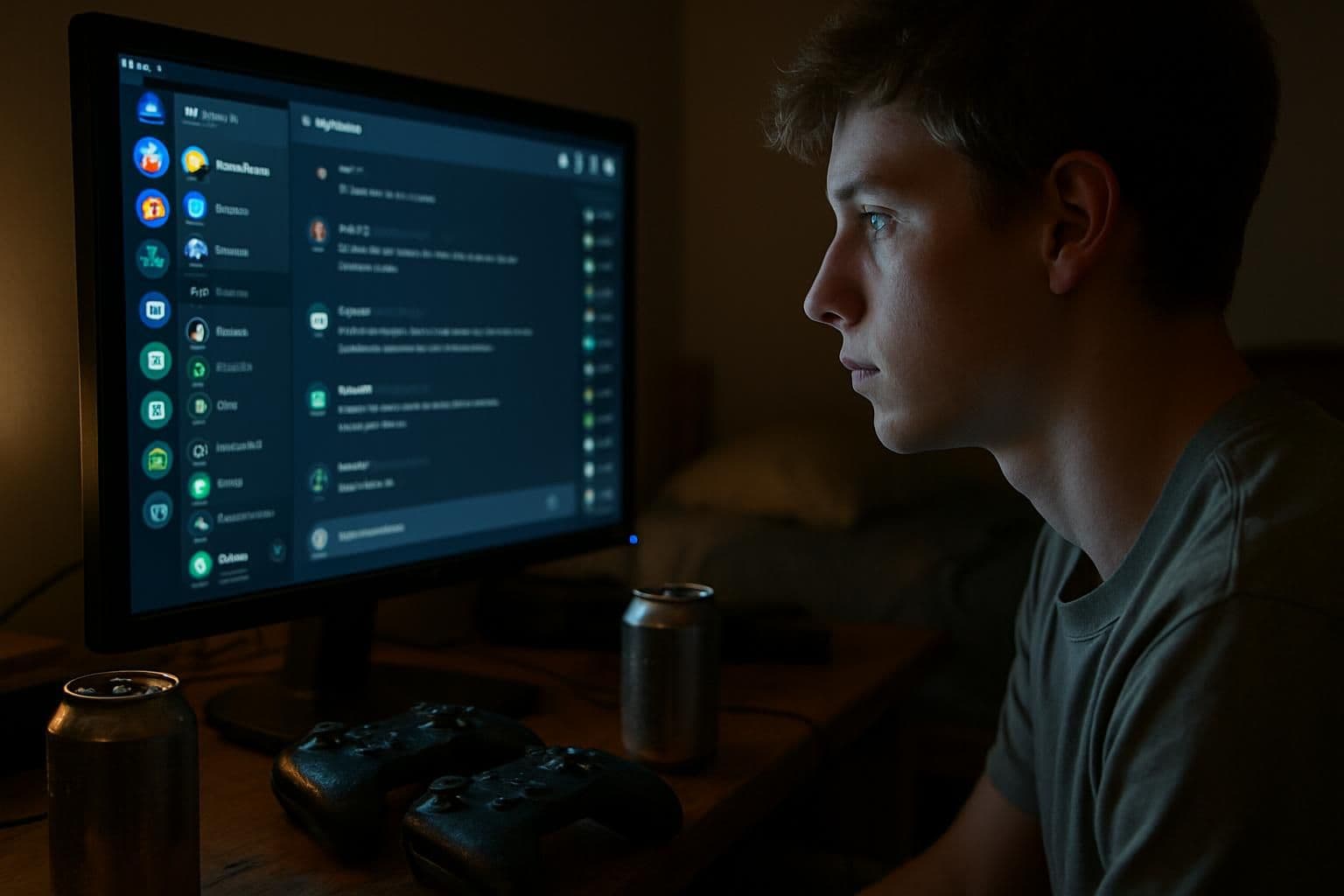 A close-up photo of a computer monitor with a detailed virtual gaming community hub and a cluttered desk. A close-up photo of a computer monitor with a detailed virtual gaming community hub and a cluttered desk.