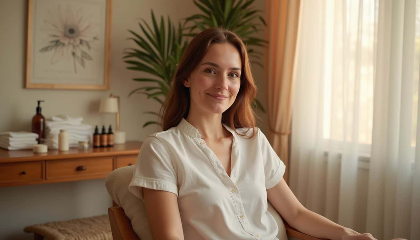A serene woman in a massage therapy room with a warm, inviting atmosphere. A serene woman in a massage therapy room with a warm, inviting atmosphere.