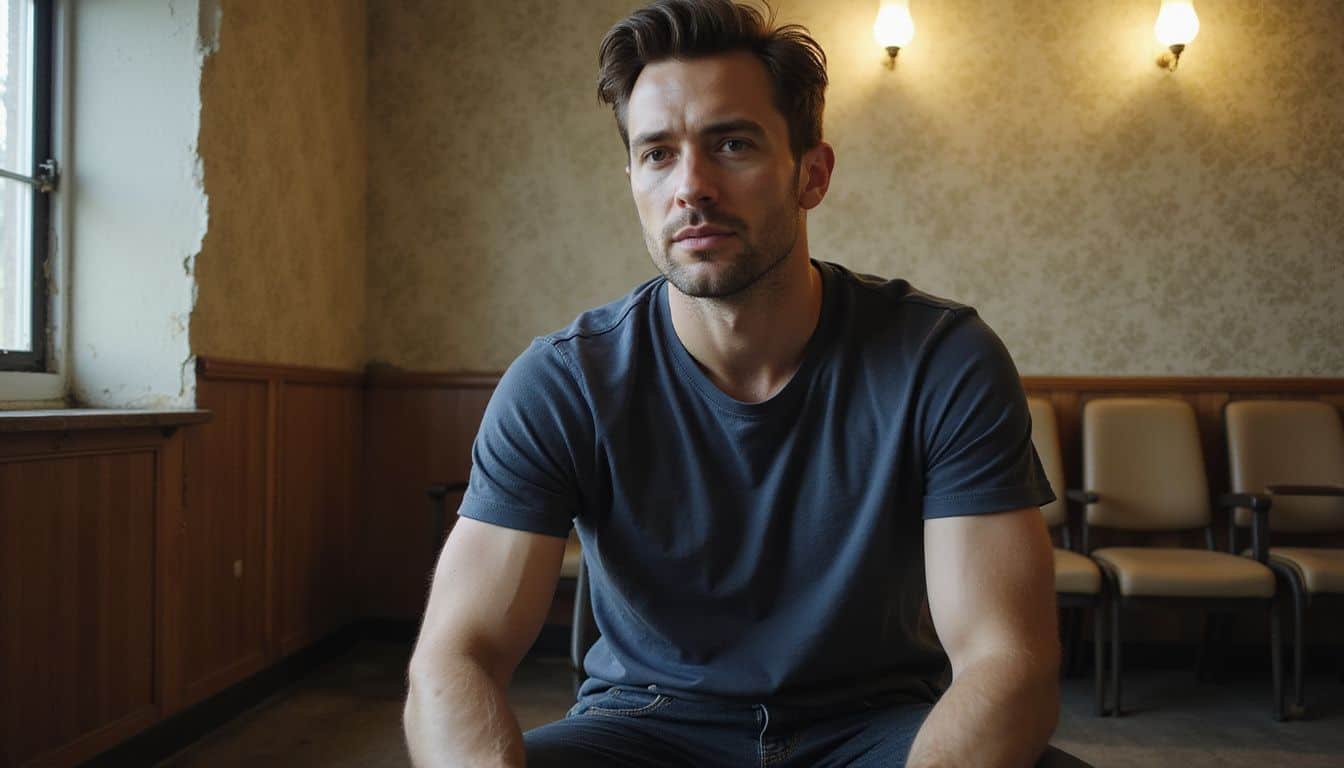 A man in his mid-30s sits in a worn waiting room, showing signs of anxiety and unease. A man in his mid-30s sits in a worn waiting room, showing signs of anxiety and unease.
