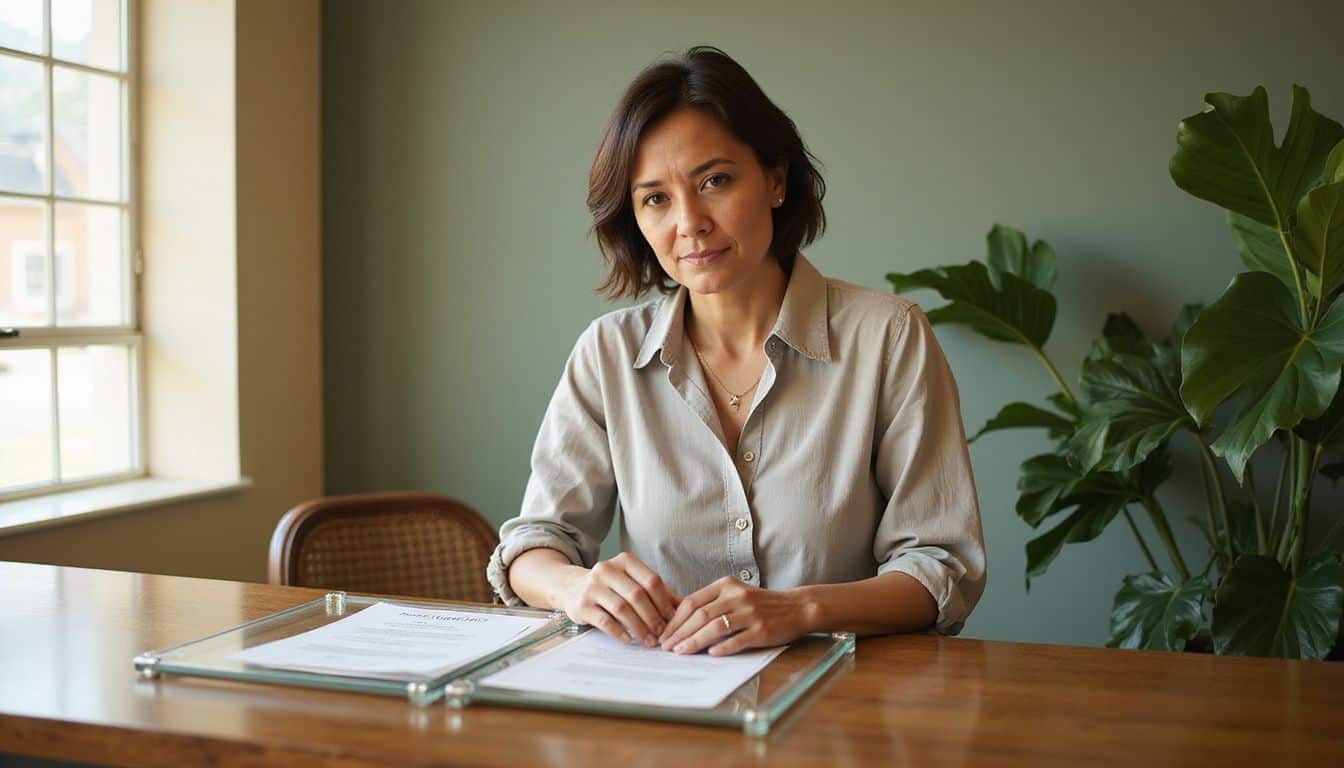 A middle-aged woman stands behind a reception desk at a massage parlor, calmly focused on her work. A middle-aged woman stands behind a reception desk at a massage parlor, calmly focused on her work.