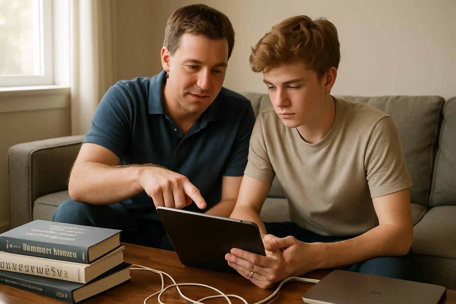 A father and son sit closely together on a modern sofa, learning and bonding over a sleek black tablet. A father and son sit closely together on a modern sofa, learning and bonding over a sleek black tablet.