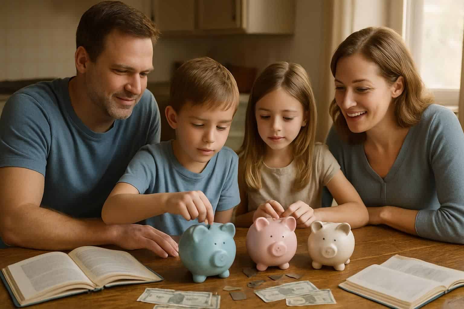 A family of four sits around a weathered kitchen table, engaging with piggy banks and play money. A family of four sits around a weathered kitchen table, engaging with piggy banks and play money.