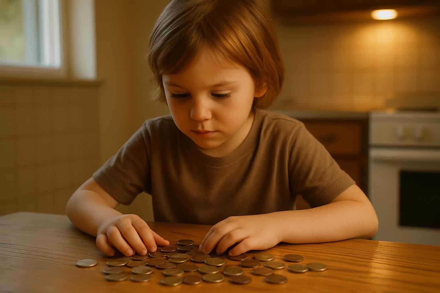 A 7-year-old child counts coins at a wooden kitchen table, demonstrating practical money management skills. A 7-year-old child counts coins at a wooden kitchen table, demonstrating practical money management skills.