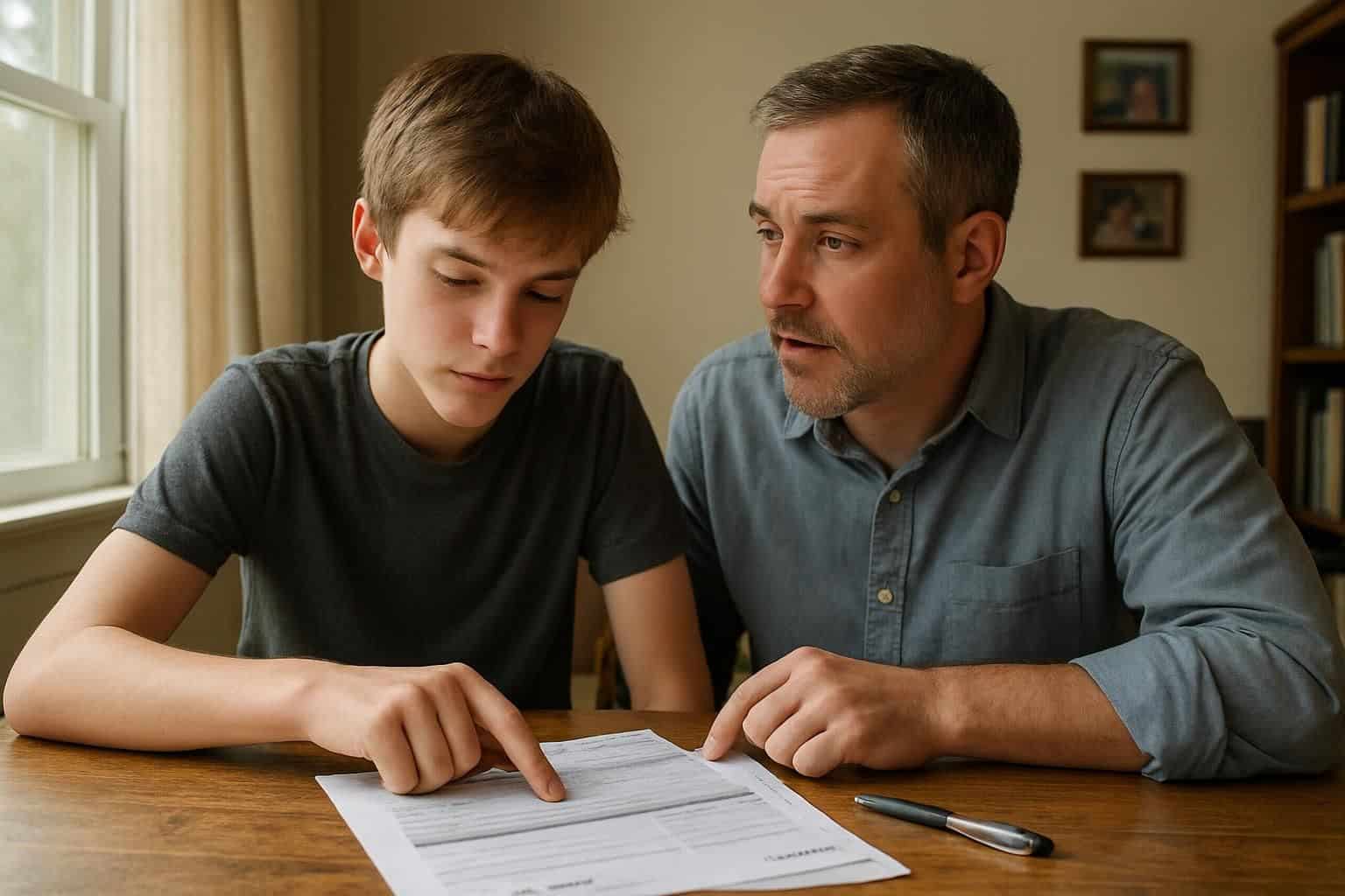 A father and son sit at a wooden table, discussing financial documents in a home office. A father and son sit at a wooden table, discussing financial documents in a home office.