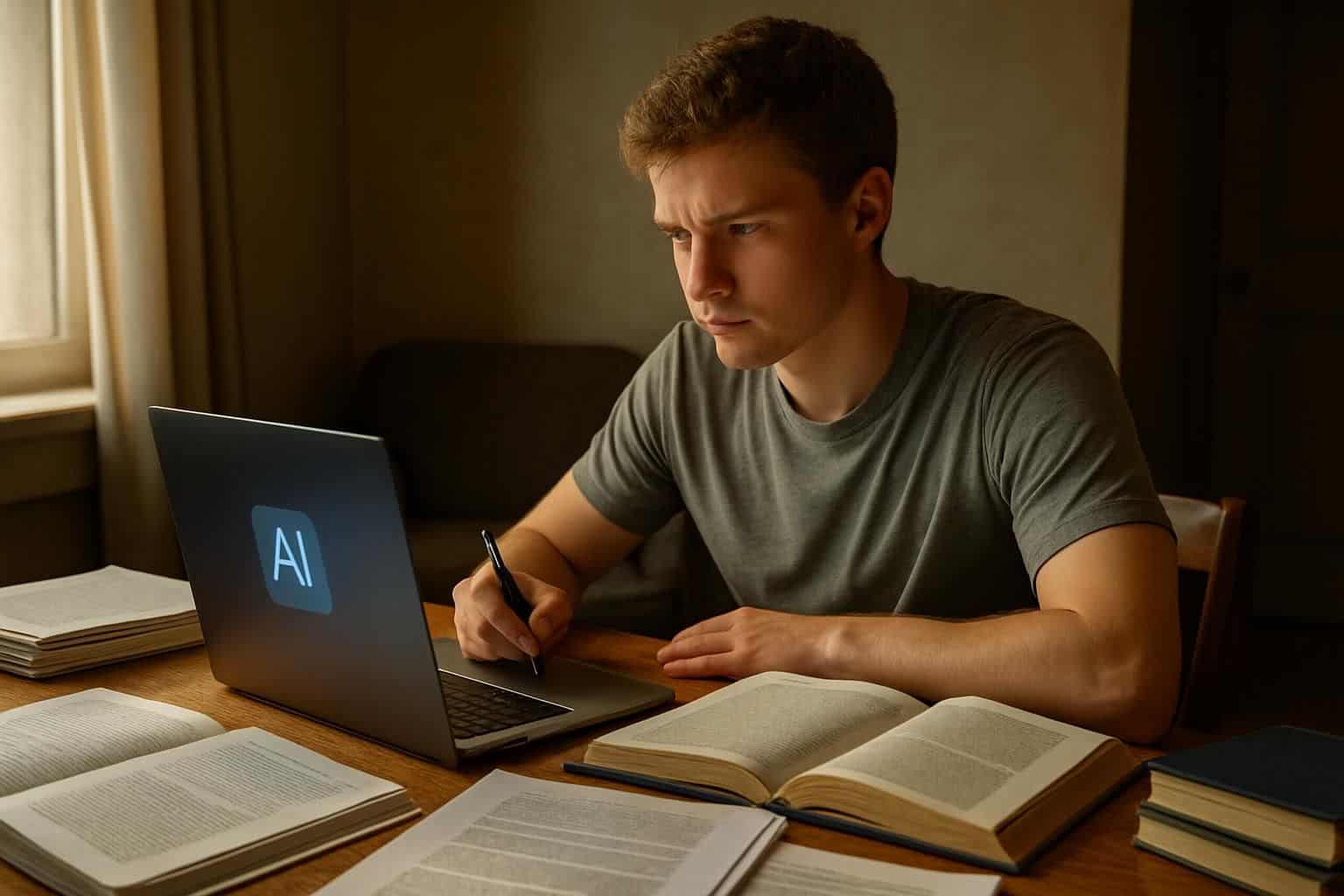 A college student is focused on studying at a cluttered wooden desk with open textbooks and a laptop. A college student is focused on studying at a cluttered wooden desk with open textbooks and a laptop.