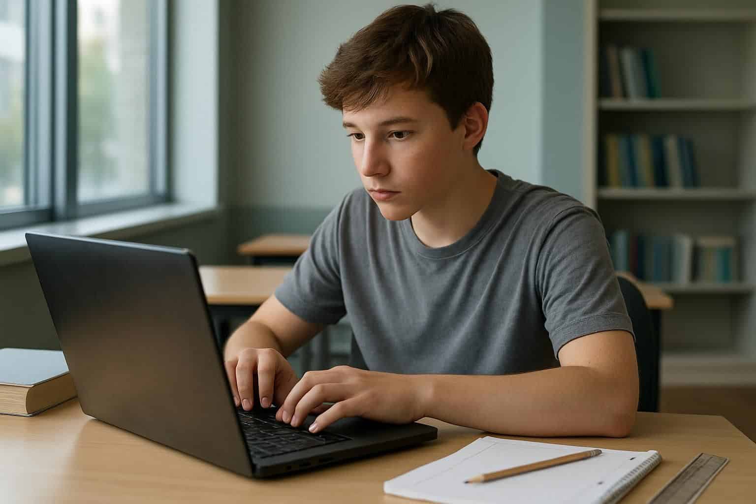 A focused teenage student sits at a desk in a modern classroom, typing on a laptop and surrounded by textbooks. A focused teenage student sits at a desk in a modern classroom, typing on a laptop and surrounded by textbooks.