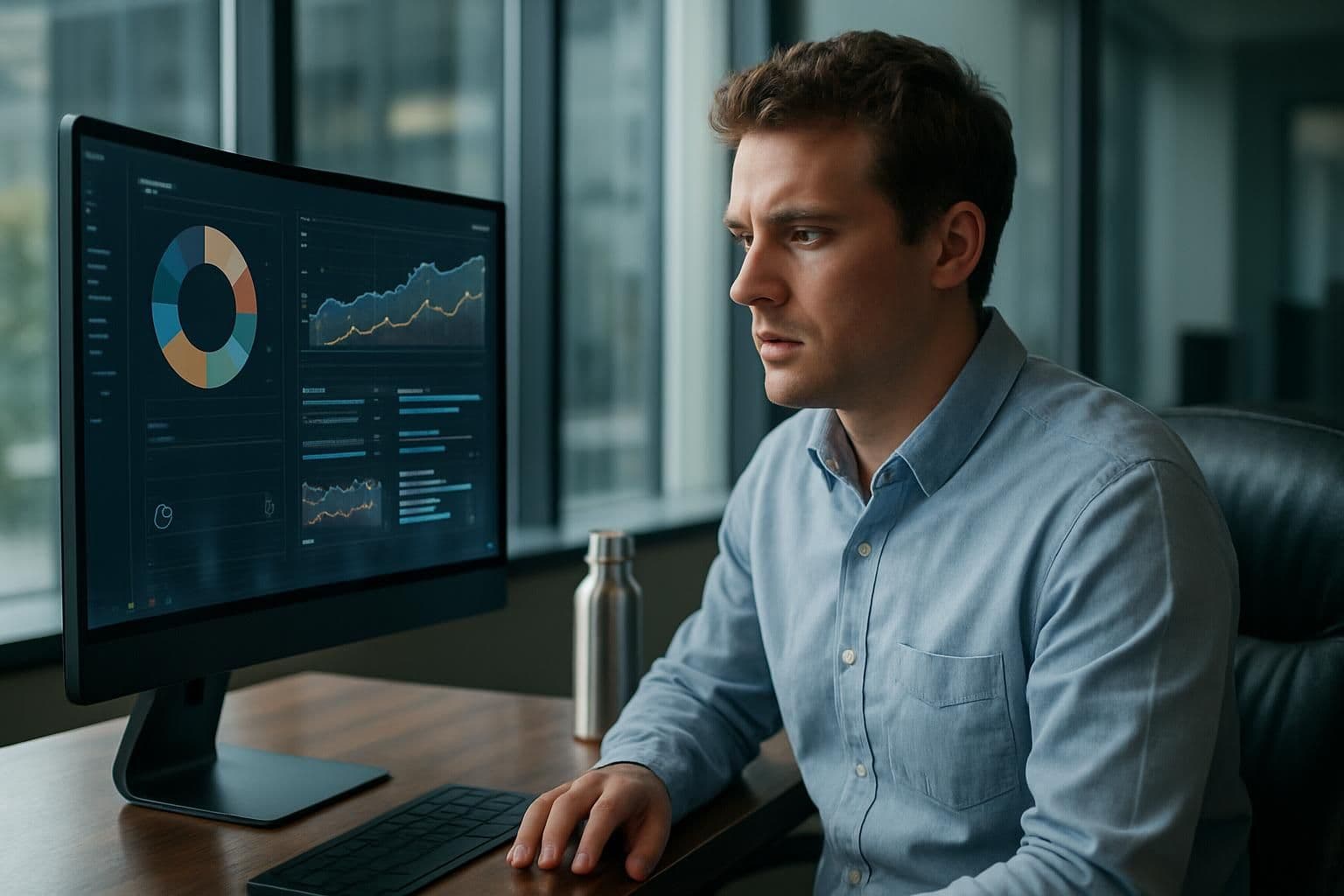 A focused individual in a modern office, analyzing intricate data visualizations on a large monitor. A focused individual in a modern office, analyzing intricate data visualizations on a large monitor.