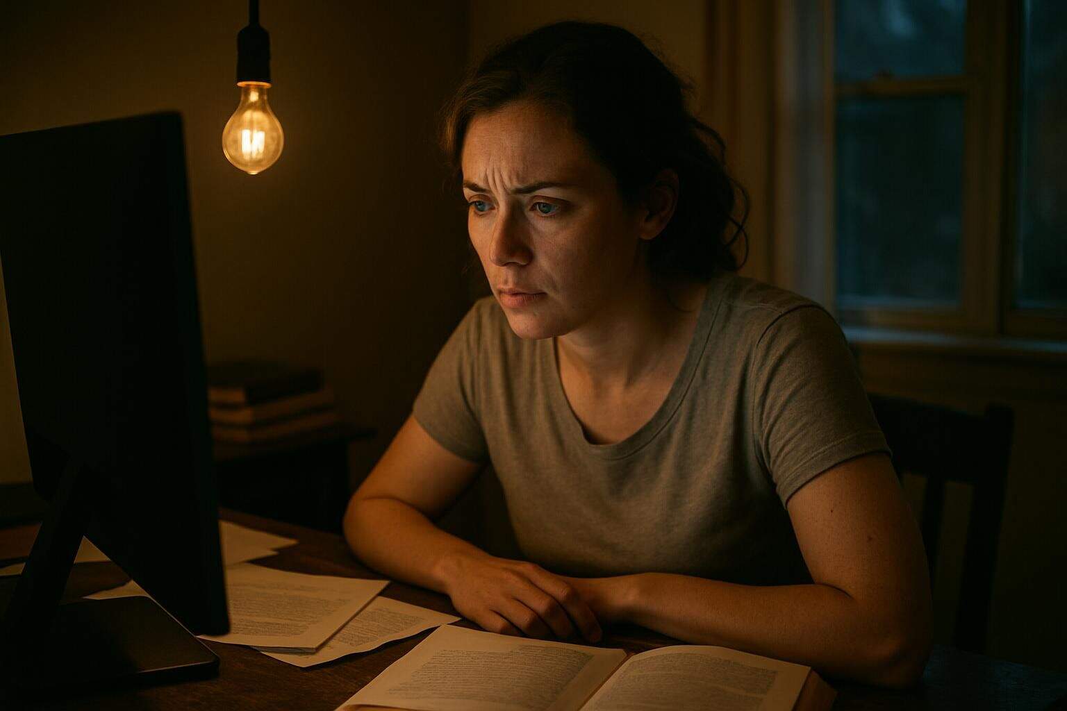 A woman works in her home office, engrossed in ethical questions about AI research. A woman works in her home office, engrossed in ethical questions about AI research.
