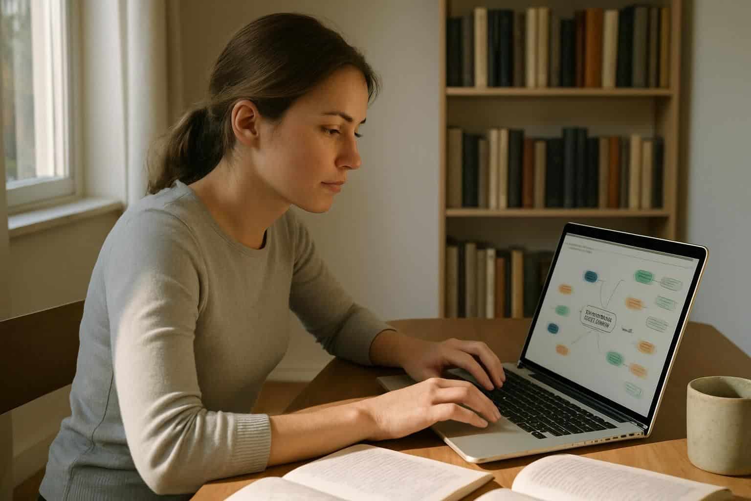 A focused young woman works at a tidy desk in a contemporary study room. A focused young woman works at a tidy desk in a contemporary study room.