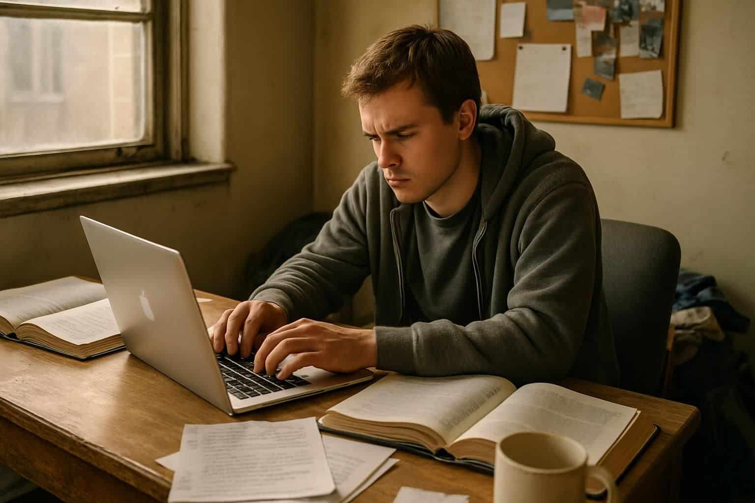 A college student sits at a cluttered desk, studying intensely in a cramped dorm room. A college student sits at a cluttered desk, studying intensely in a cramped dorm room.