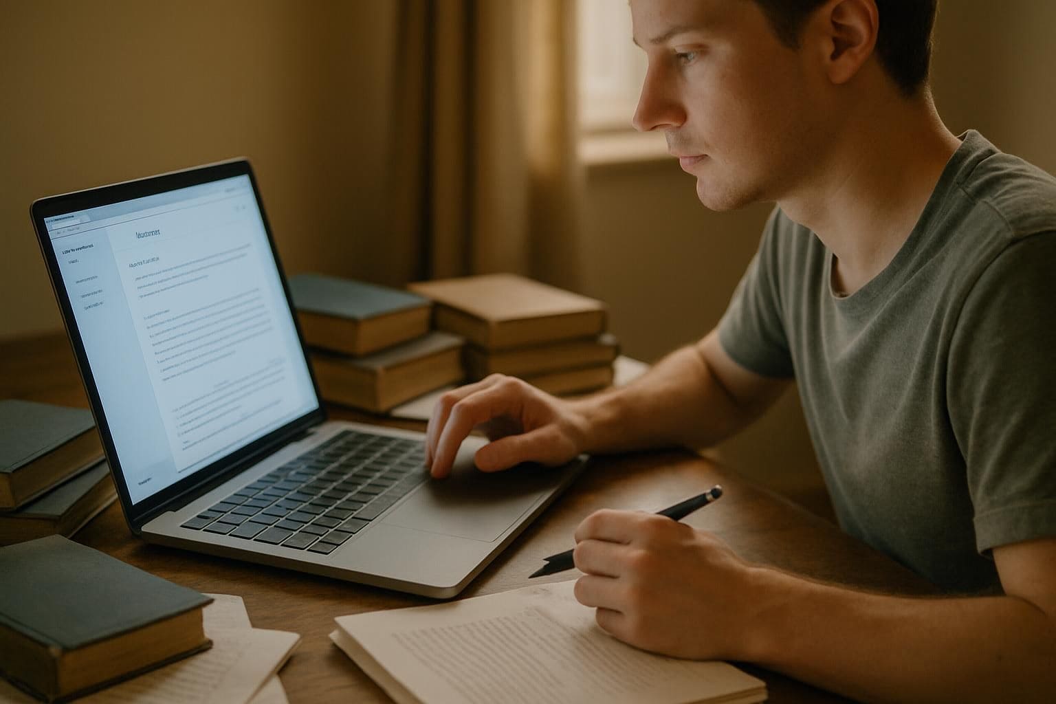 A cluttered desk with open laptop, books, and papers, with a focused person in a study setting. A cluttered desk with open laptop, books, and papers, with a focused person in a study setting.