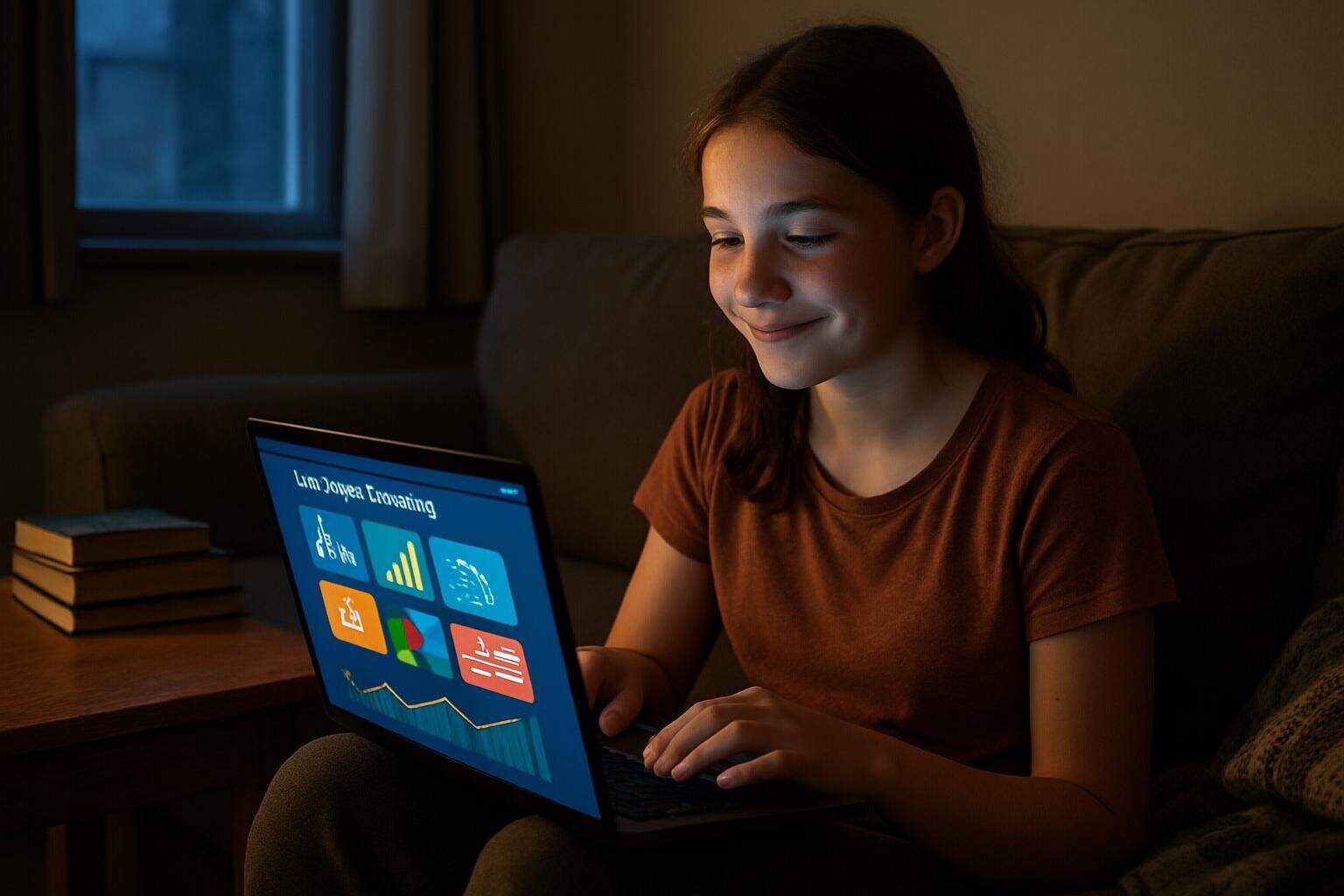 A teenage girl is studying language learning tools on a laptop in a cozy living room. A teenage girl is studying language learning tools on a laptop in a cozy living room.
