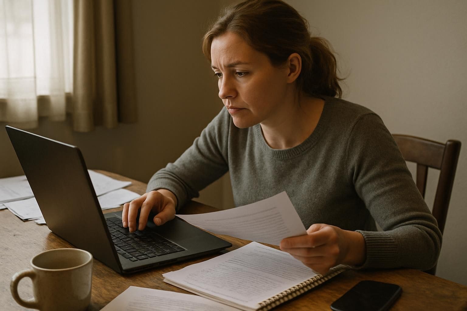A woman in a home office, focused and determined while working at her cluttered desk. A woman in a home office, focused and determined while working at her cluttered desk.