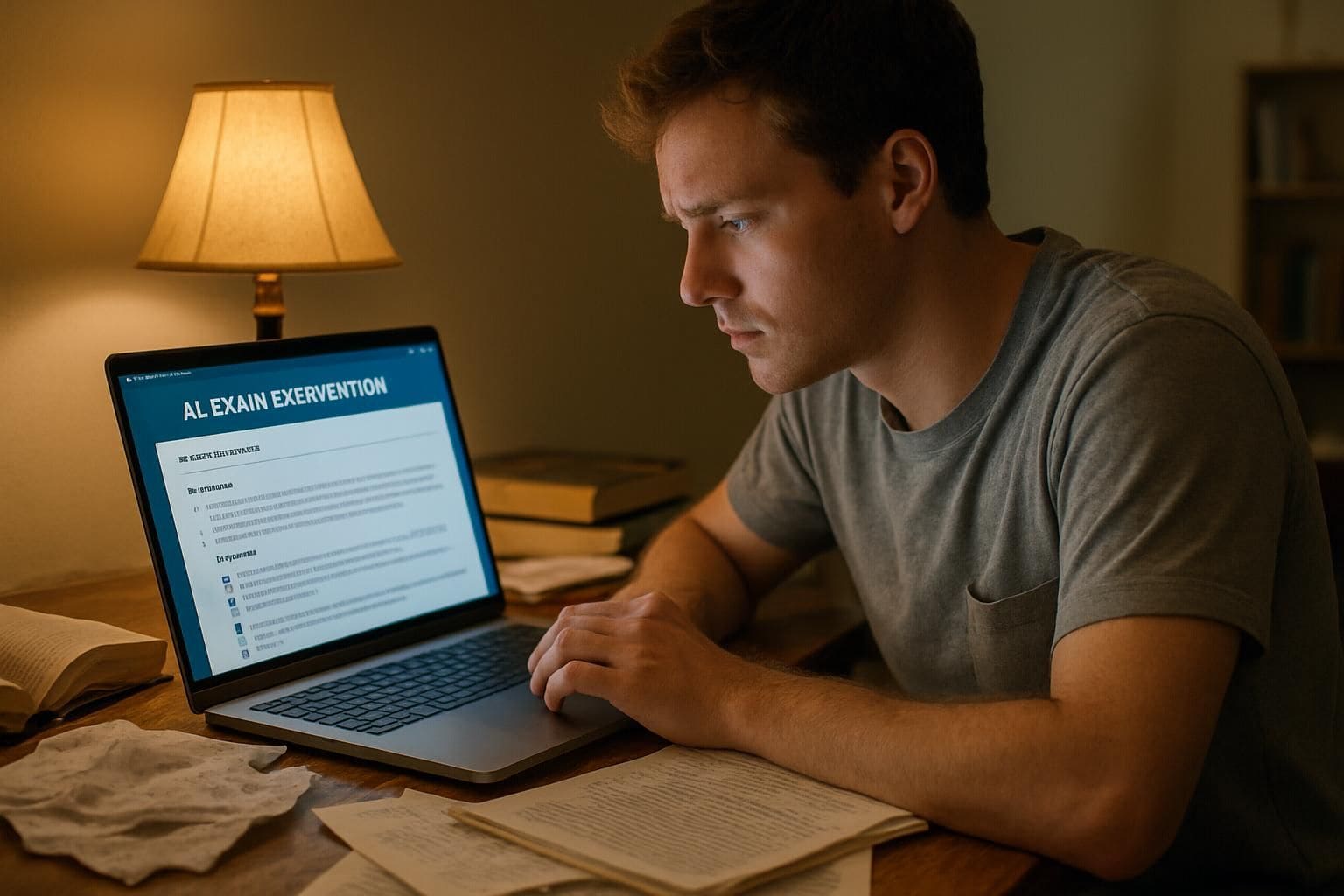 A college student is studying intensely at a cluttered desk with books, notes, and a laptop. A college student is studying intensely at a cluttered desk with books, notes, and a laptop.