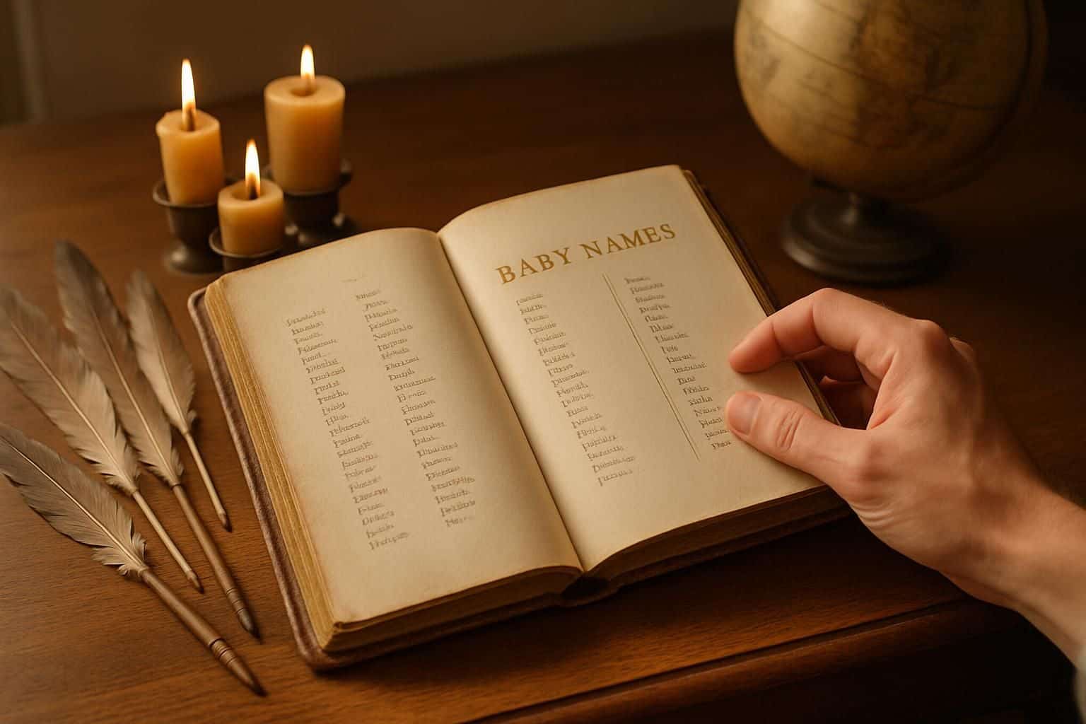 An open vintage leather-bound baby name book rests on a polished oak desk, surrounded by antique quill pens, beeswax candles, and an aged globe. An open vintage leather-bound baby name book rests on a polished oak desk, surrounded by antique quill pens, beeswax candles, and an aged globe.
