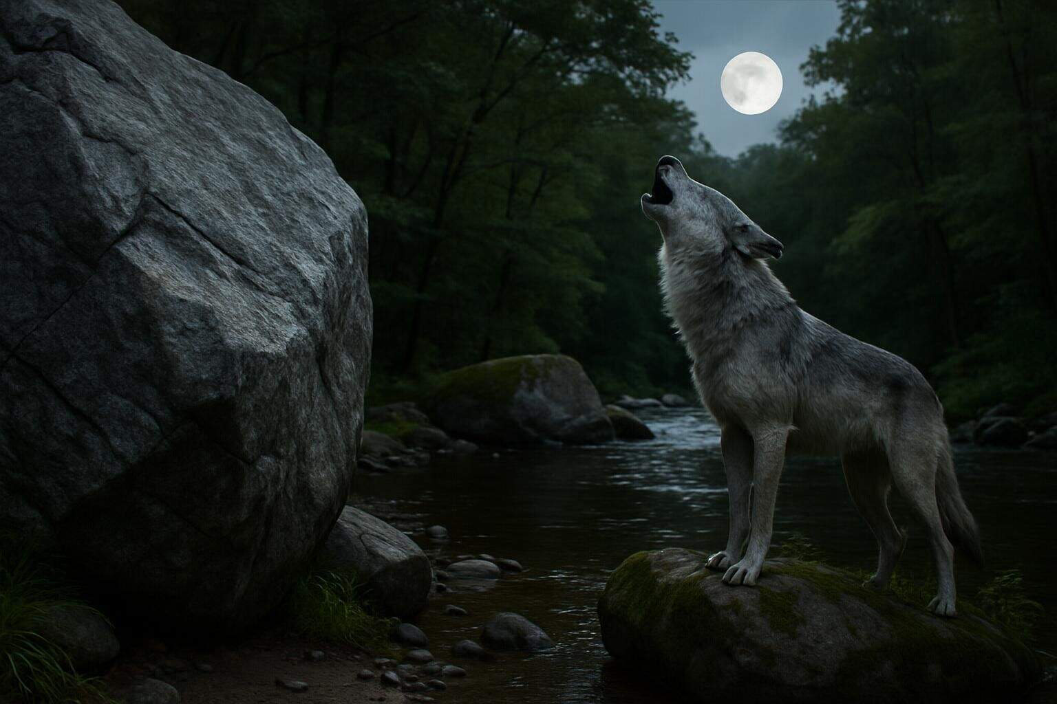 A lone wolf howls on a moss-covered boulder by a tranquil river and rugged granite rock formation in a lush, leafy forest. A lone wolf howls on a moss-covered boulder by a tranquil river and rugged granite rock formation in a lush, leafy forest.